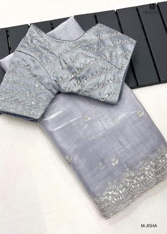 M-Jisha Jimmy choo sarees 3 mm sequence work with cut work border