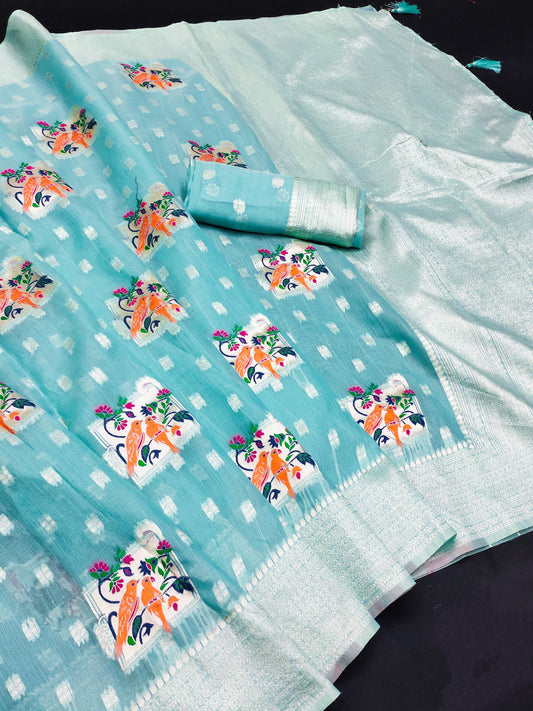 AJ-COTTON-PARROT PREMIUM SOFT COTTON SILK SAREE BEST FOR SUMMERS WITH BEAUTIFUL LIGHT COLOUR MATCHING WITH PARROT DESIGN WITH MEENA KARI WORK