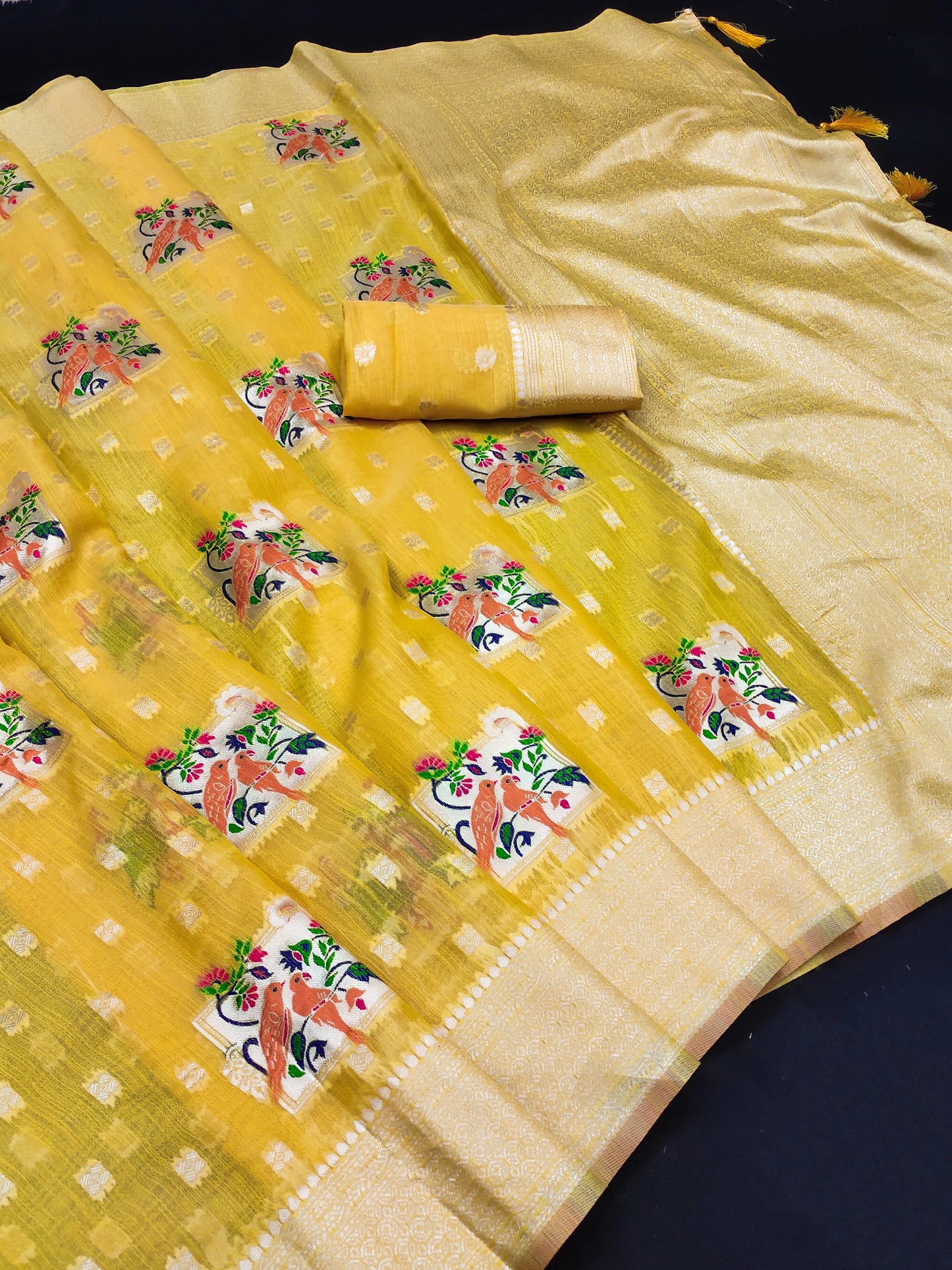 AJ-COTTON-PARROT PREMIUM SOFT COTTON SILK SAREE BEST FOR SUMMERS WITH BEAUTIFUL LIGHT COLOUR MATCHING WITH PARROT DESIGN WITH MEENA KARI WORK