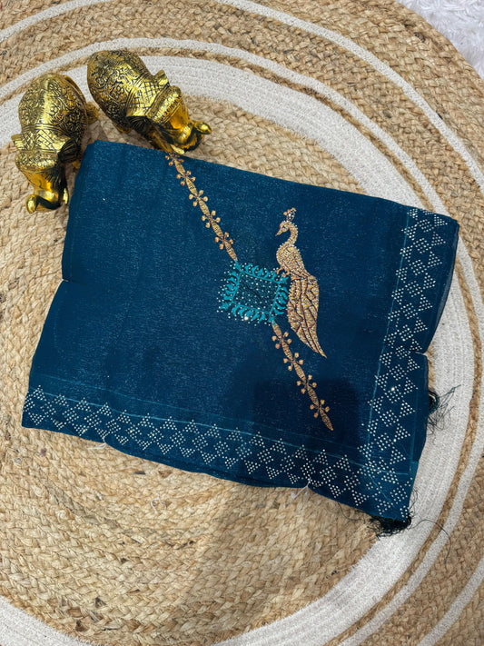 SJ-LALBAGH PREMIUM SIMMER SAREE SIRSOKI BORDER WITH BEAUTIFUL PEACOCK DESIGN EMBRODIERY WORK WITH SIROSKI