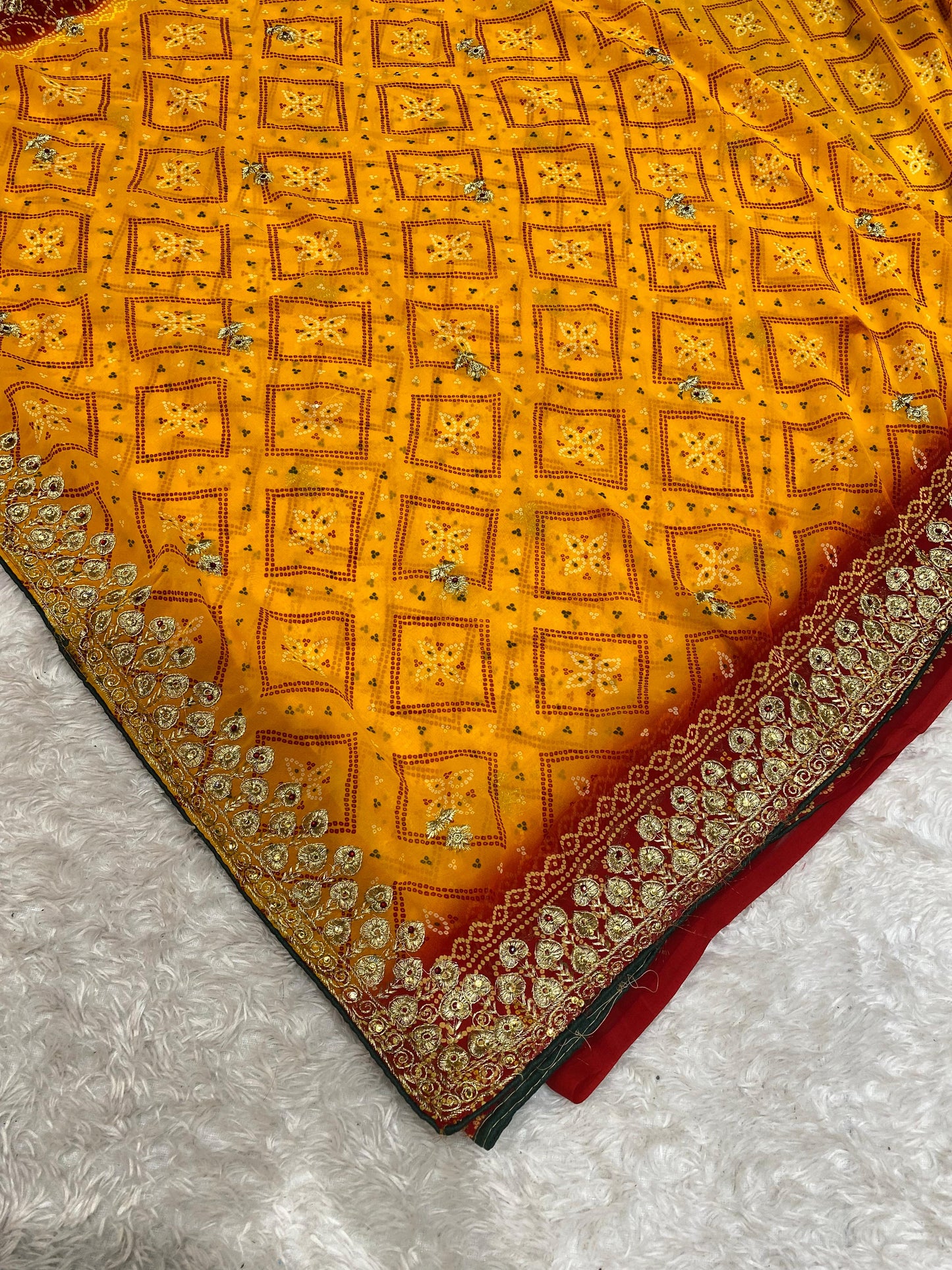 KAS-ELAICHI SOFT GEORGETTE BANDHANI SAREE WITH JAREE WORK WITH HAND DIAMOND
