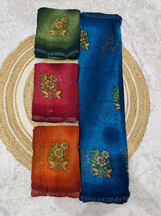 RR-SUNFLOWER WEIGHTLESS SAREE WITH BEAUTIFUL PRINT DESIGN WITH SIROSKI ON BUTTA AND WITH SIROSKI LACE