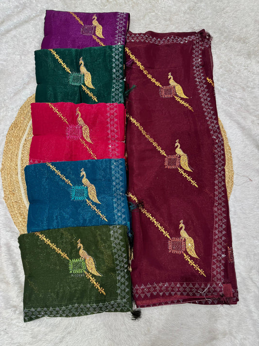 SJ-LALBAGH PREMIUM SIMMER SAREE SIRSOKI BORDER WITH BEAUTIFUL PEACOCK DESIGN EMBRODIERY WORK WITH SIROSKI