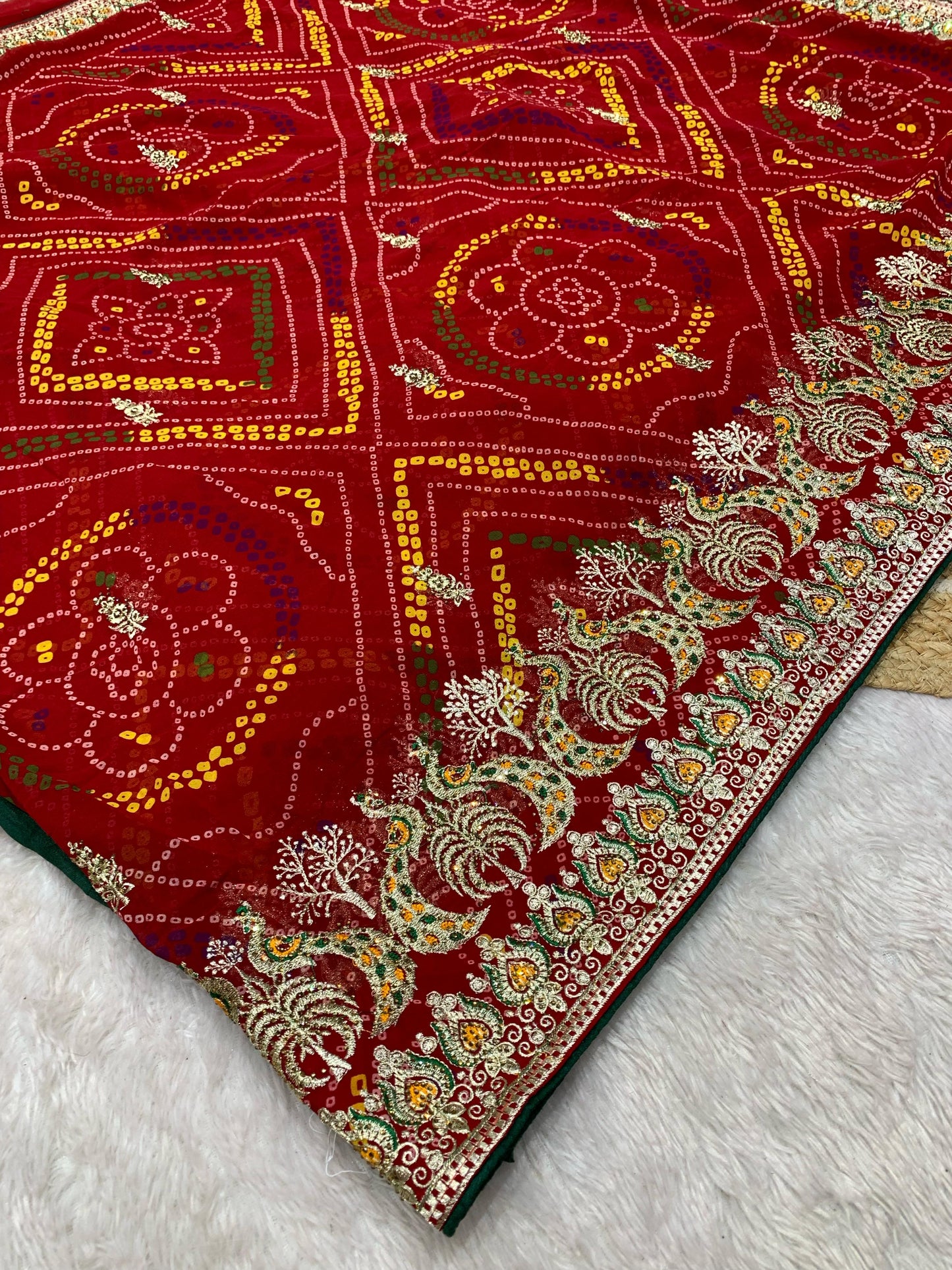 BS-MEGH-DHOOT PREMIUM CHIFFON SOFT CHUNRI SAREE WITH BEAUTIFUL PATLI WORK WITH PEACOCK DESIGN WITH SIROSKI WITH HEAVY BLOUSE