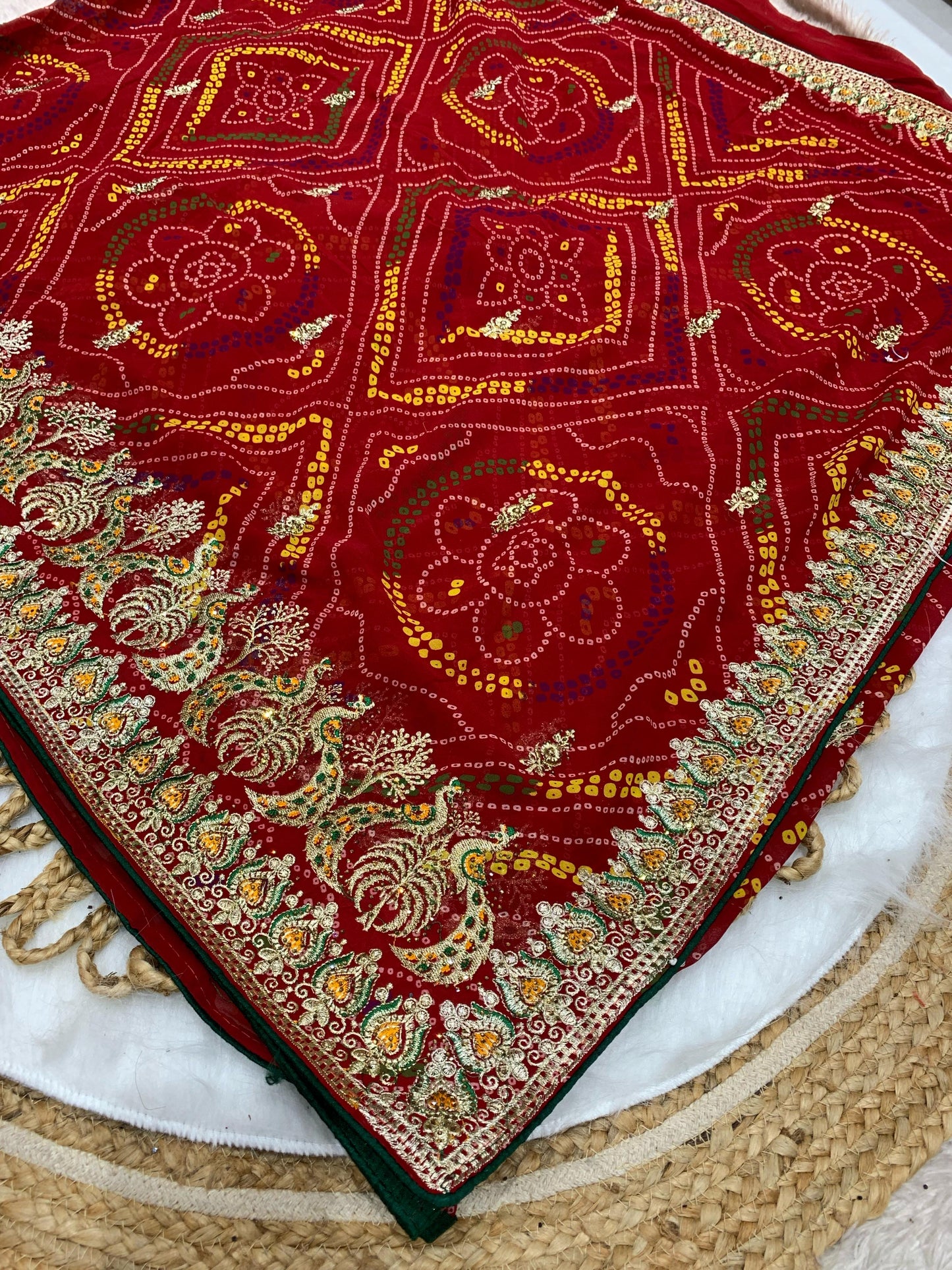 BS-MEGH-DHOOT PREMIUM CHIFFON SOFT CHUNRI SAREE WITH BEAUTIFUL PATLI WORK WITH PEACOCK DESIGN WITH SIROSKI WITH HEAVY BLOUSE