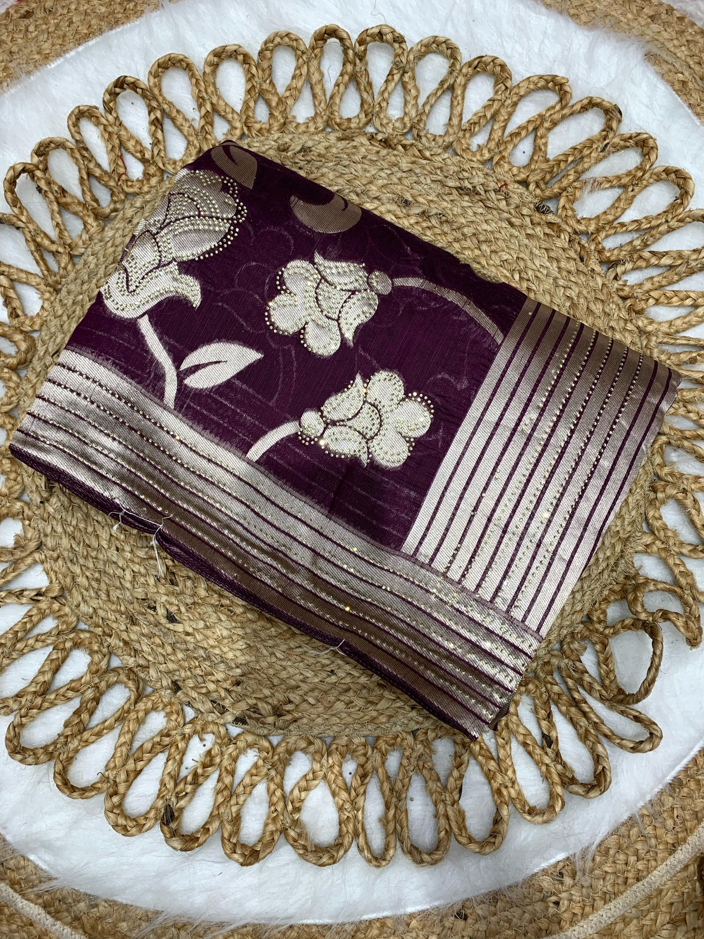 BS-CHANDRAYAN PREMIUM LINEN COTTON SILK WITH STONE WORK ALL OVER WITH BEAUTIFUL BIG FLOWER DESIGN ALL OVER WITH RICH PALLU