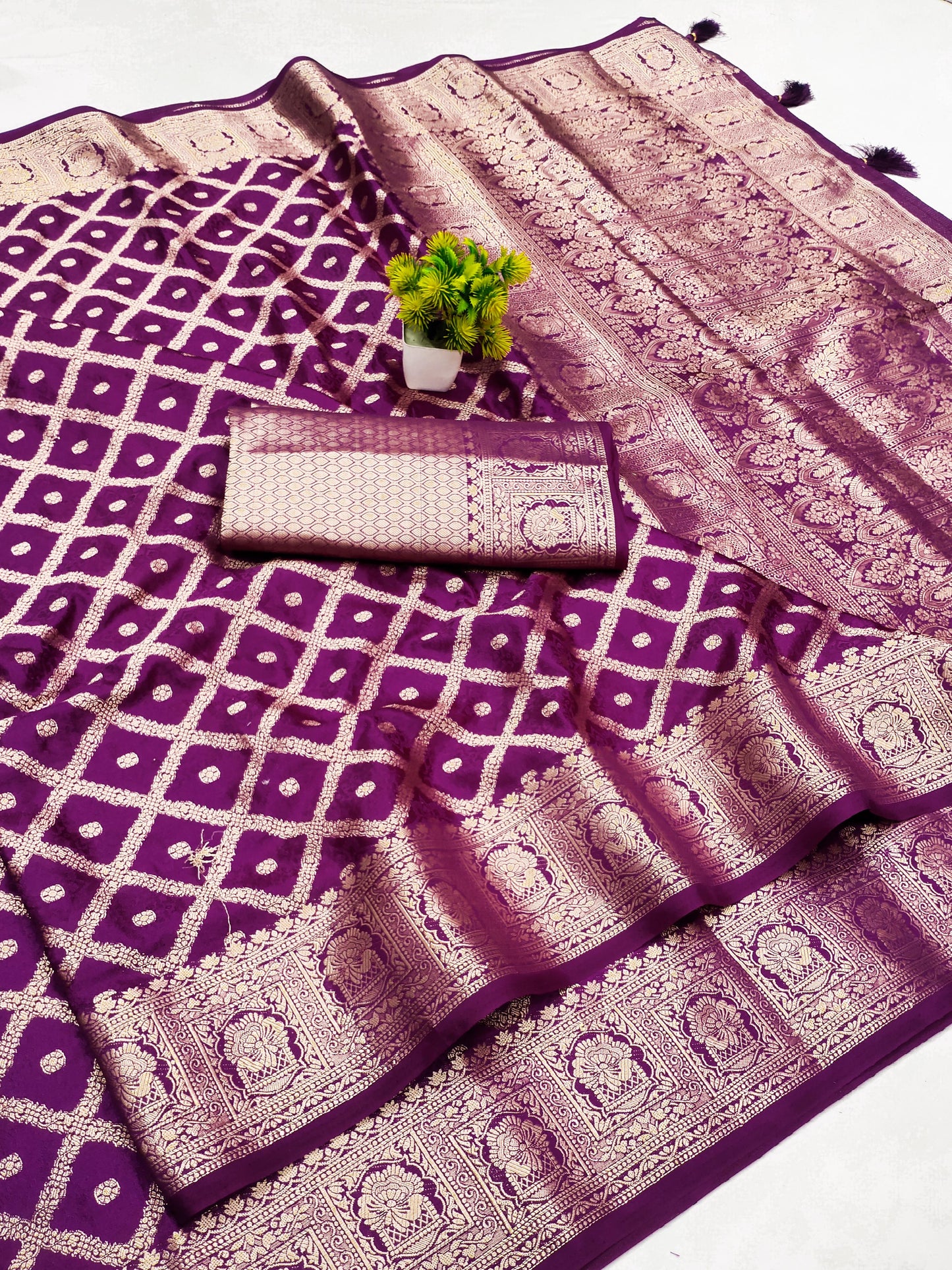DOLA-KASHVI PURE DOLA SATIN SILK SAREE WITH GRAND PALLU WITH BOX PATTERN WITH CREATIVE BORDER WITH TASSELS ATTACHED ON PALLU