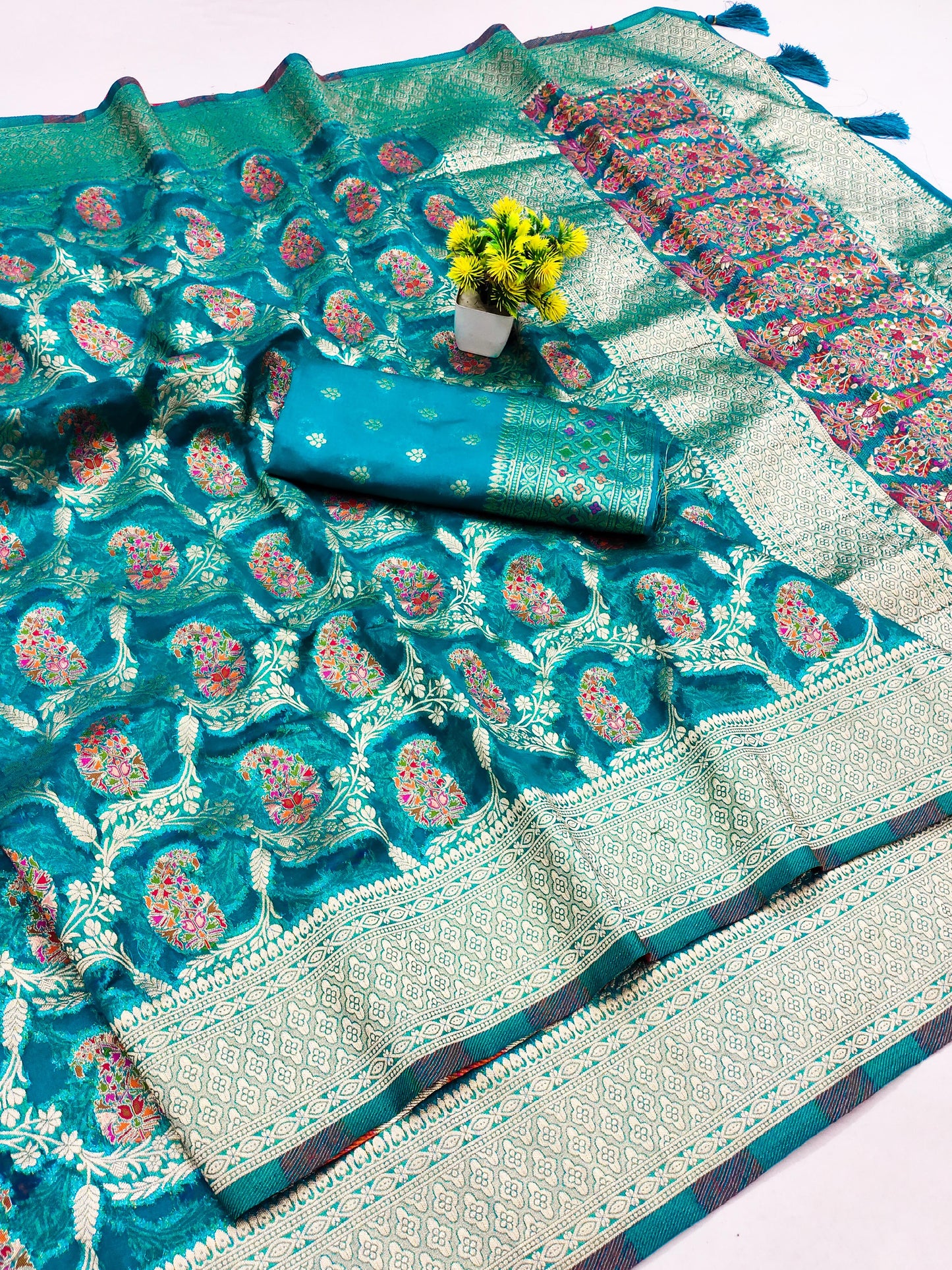 AJ-SAJNA ORGANZA PASHMINA SILK WITH HEAVY MEENA WORK WITH FABRIC WORK AT RICH PALLU WITH TASSELS ATTACHED ON PALLU