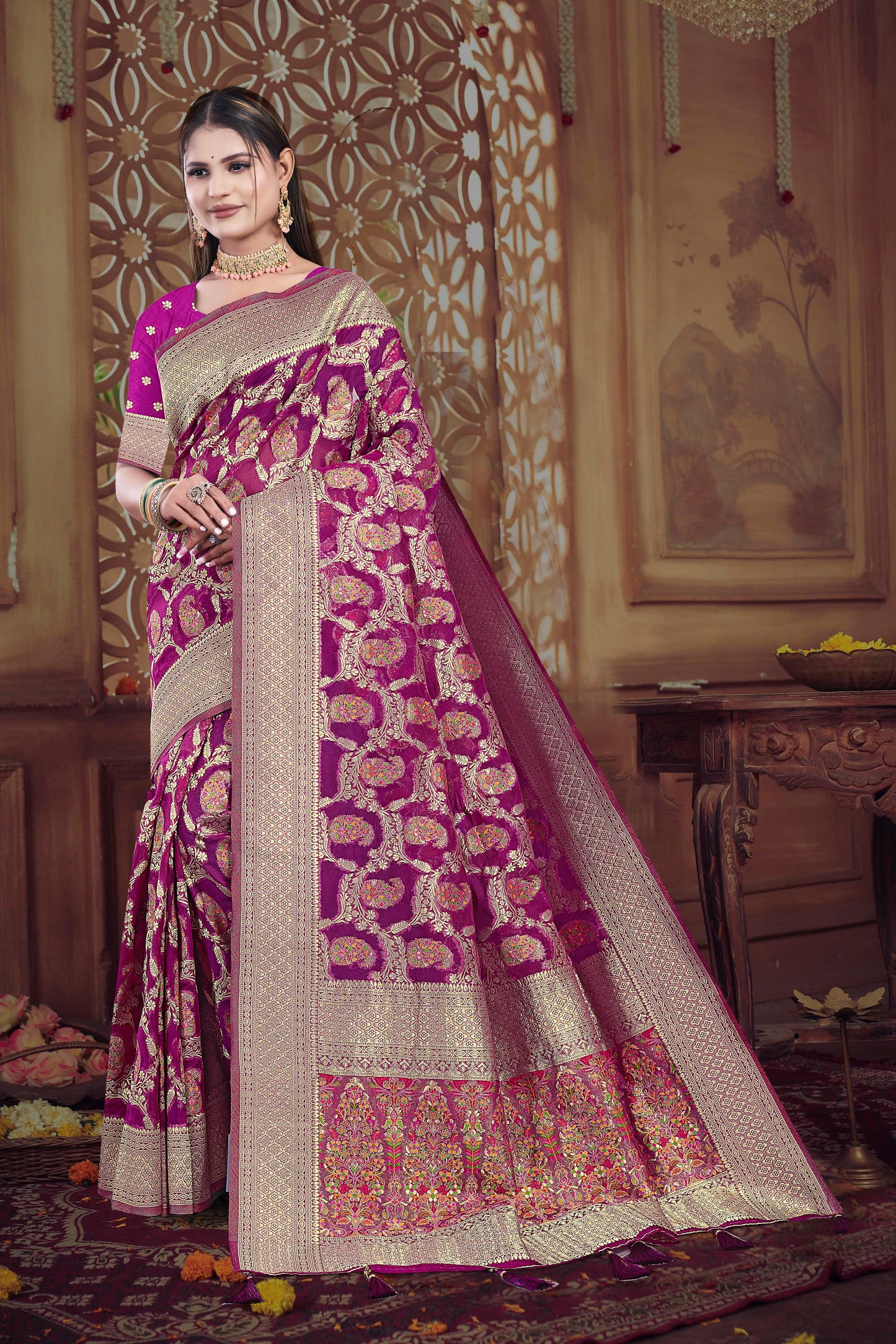 AJ-SAJNA ORGANZA PASHMINA SILK WITH HEAVY MEENA WORK WITH FABRIC WORK AT RICH PALLU WITH TASSELS ATTACHED ON PALLU