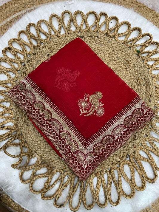 KAS-CHAHAL PREMIUM FENDI CHIFFON SAREE WITH BEAUTIFUL EMBROIDERY WORK WITH PARROT BHUTA