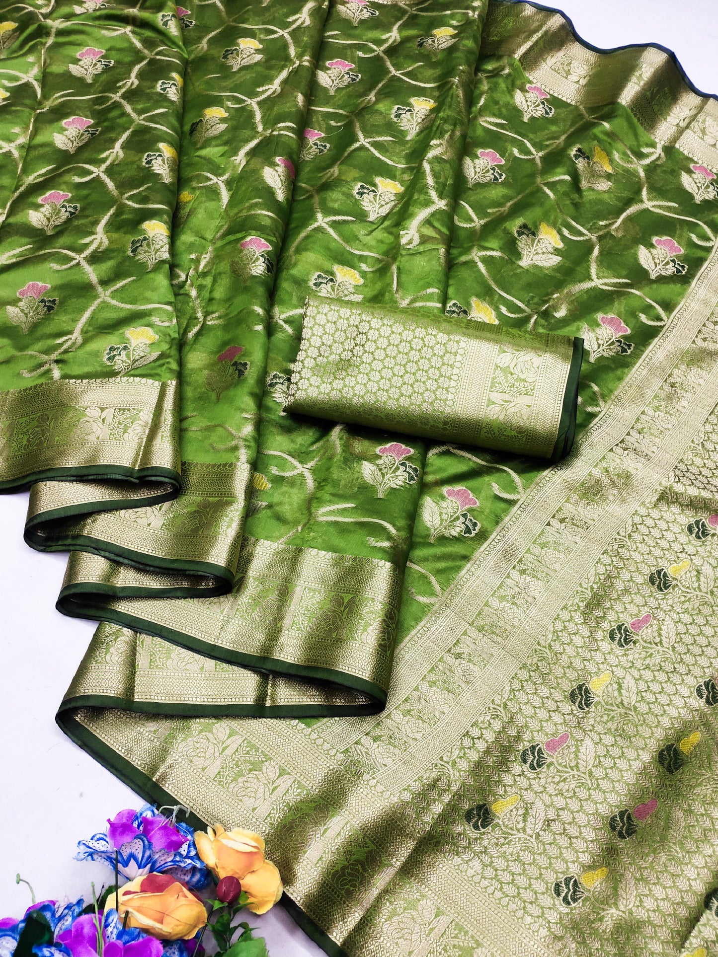 OG-HELLY SIMMER ORGANZA SAREE WITH MEENAKARI WORK WITH BEAUTIFUL DESIGN