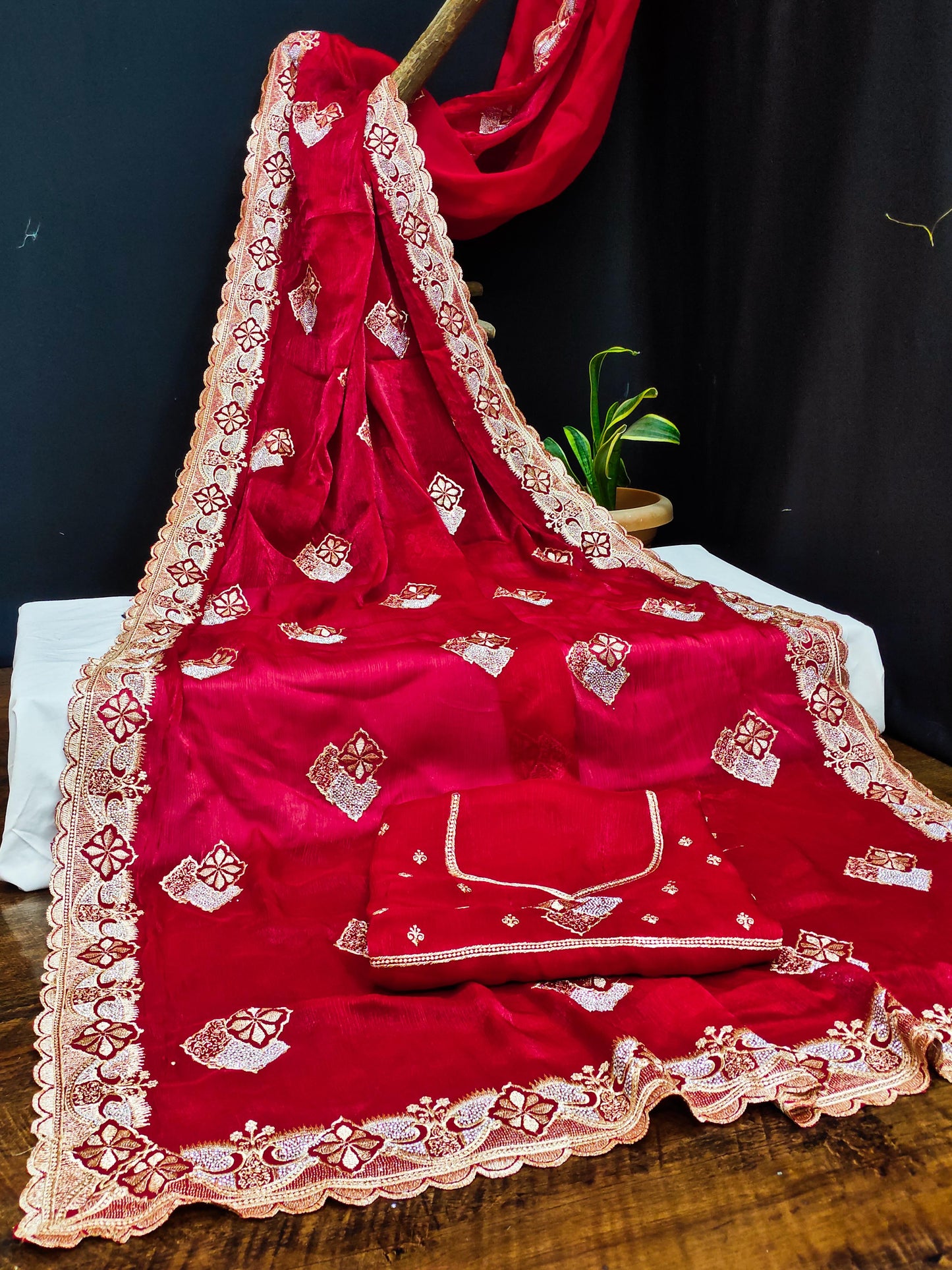 DF-DELHI FENDI CHIFFON SAREE WITH BEAUTIFUL CUTOWORK BORDER WITH EMBROIDERY AND STONE WORK WITH BHUTA ALL OVER WITH SIROSKI