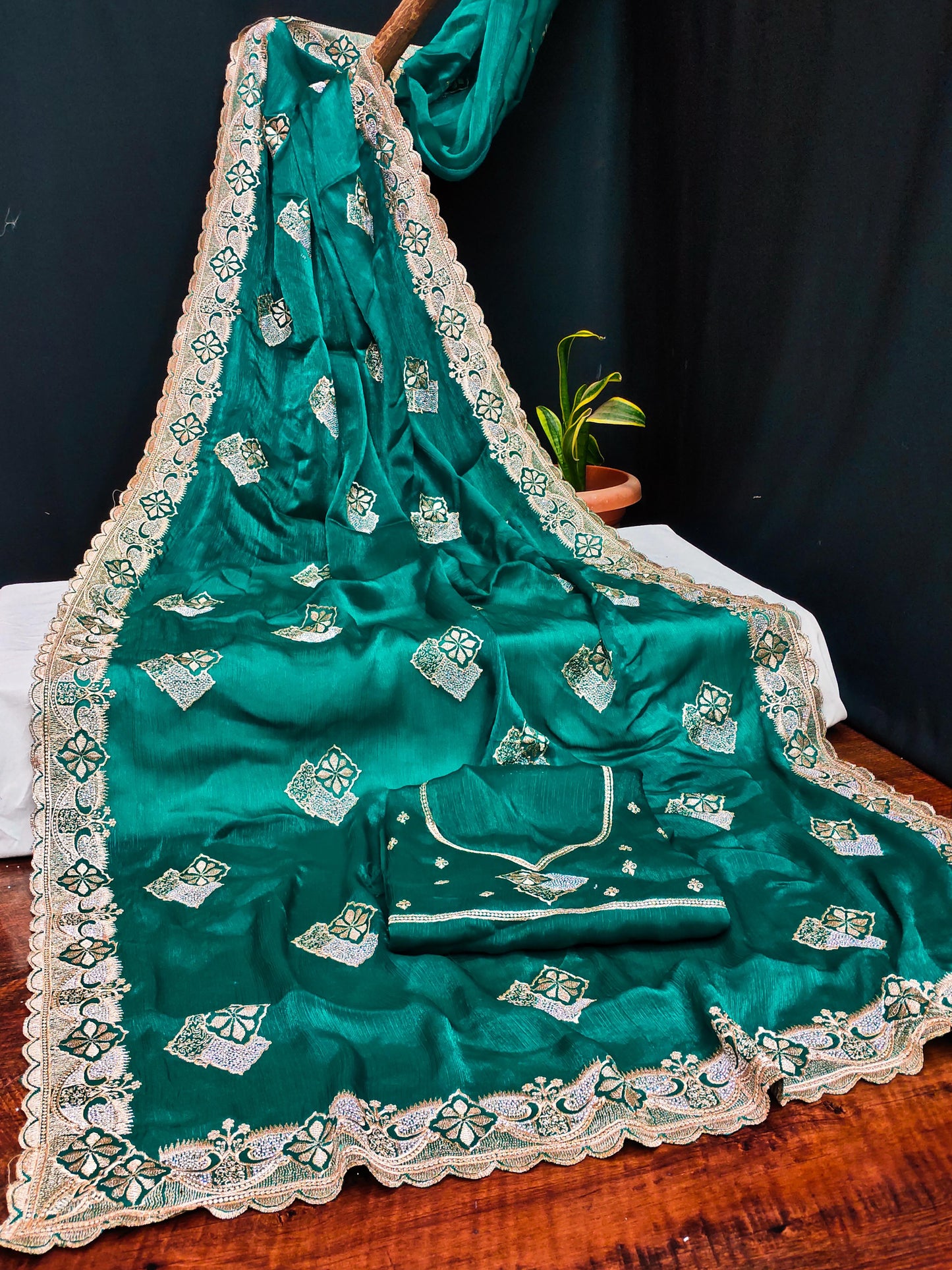 DF-DELHI FENDI CHIFFON SAREE WITH BEAUTIFUL CUTOWORK BORDER WITH EMBROIDERY AND STONE WORK WITH BHUTA ALL OVER WITH SIROSKI