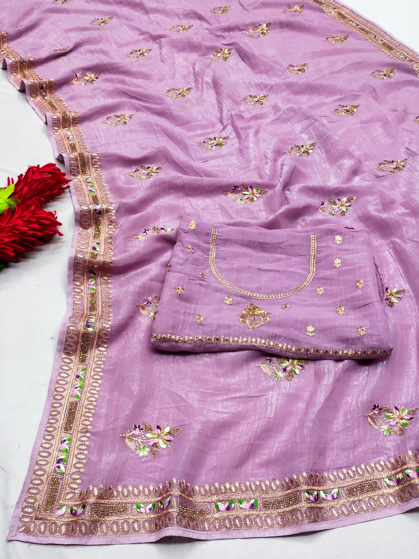 DF-SUNHERI PREMIUM CRUNCHY SAREE WITH BEAUTIFUL THREAD WORK AND EMBROIDERY WORK WITH HEAVY BLOUSE