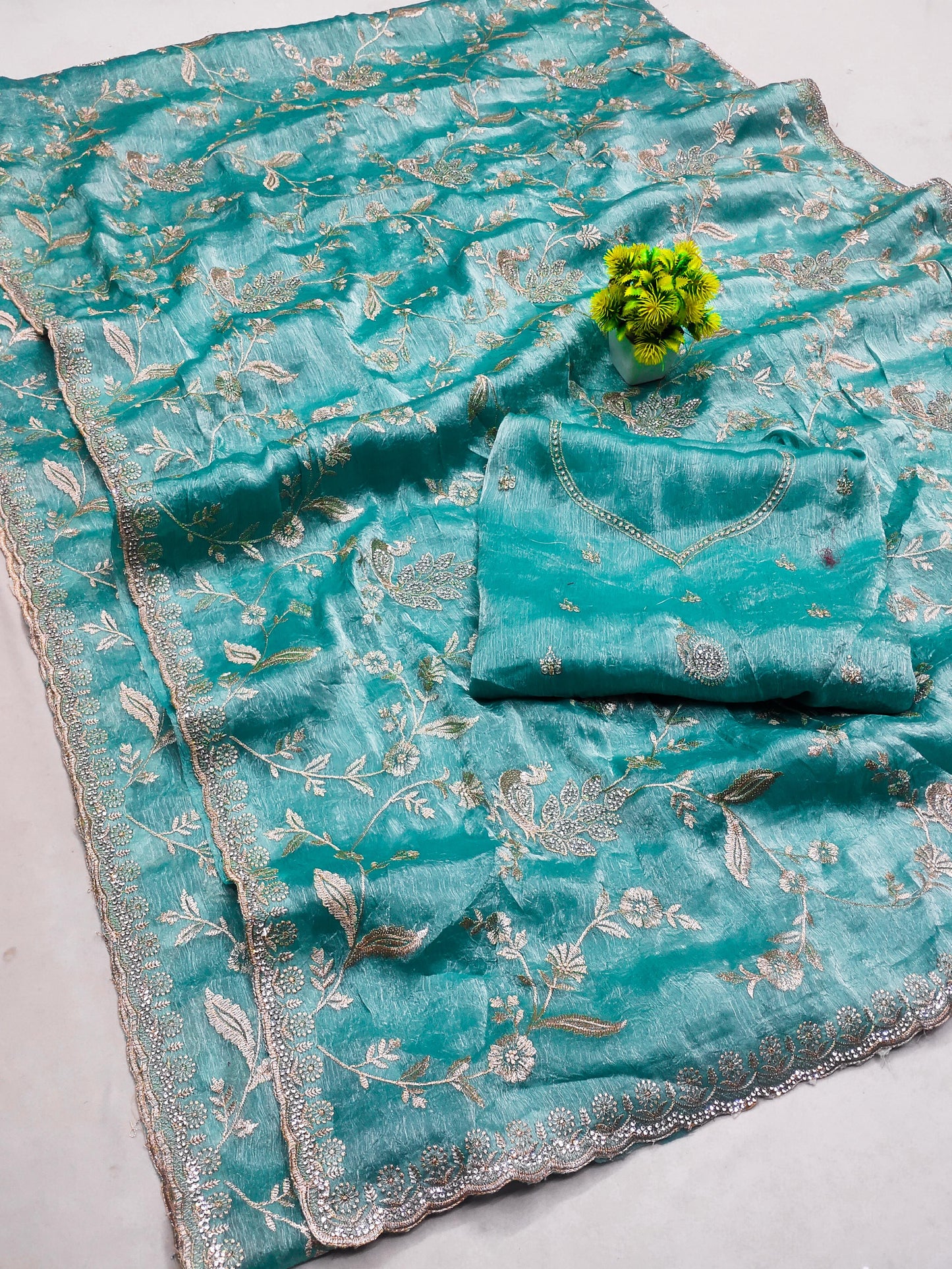 DF-MORNI CRUSH FENDI CHIFFON SAREE WITH BEAUTIFUL PEACOCK DESIGN WITH JARKAN WORK WITH HEAVY BLOUSE