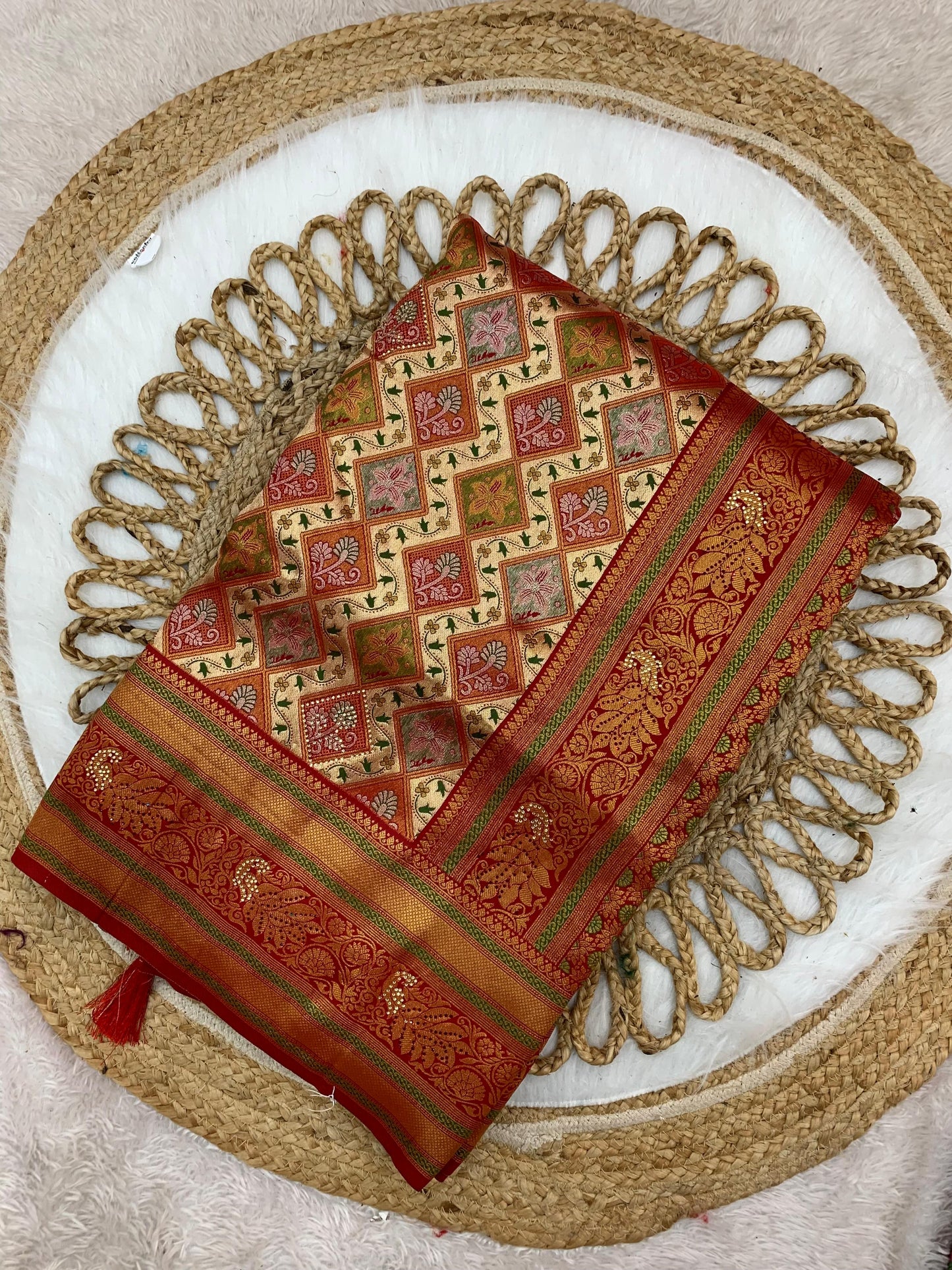 BS-SAUNDRYA PURE PASHMINA DHARMAVARAM SAREE WITH UNIQUE BEAUTIFUL DESIGN CRAFTED WITH JARKAN WORK ALL OVER