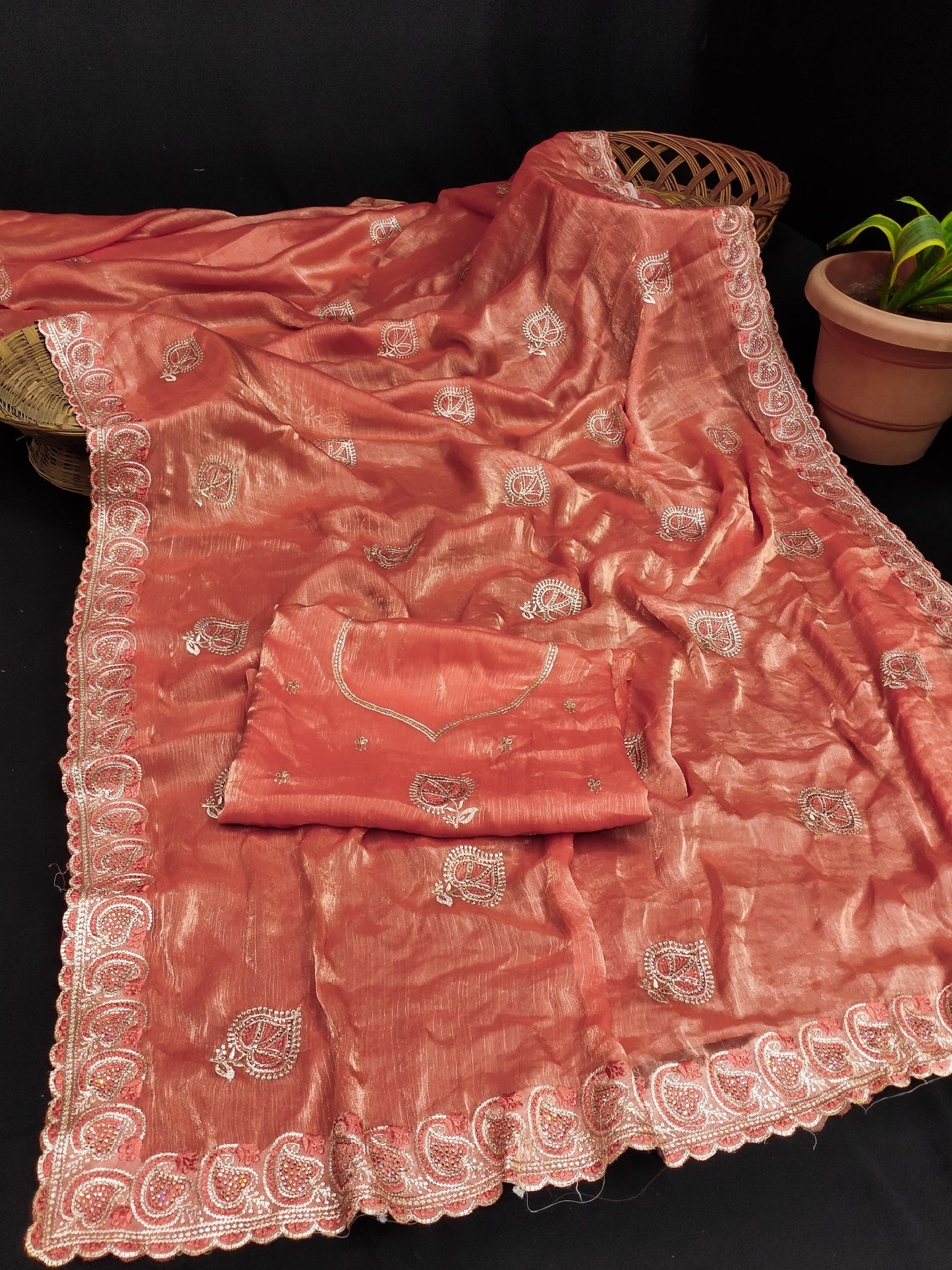 DF-PATNA FENDI CHIFFON SAREE WITH BEAUTIFUL LEAF DESIGN WITH SIROSKI WORK BOLLYWOOD SAREE WITH HEAVY BLOUSE