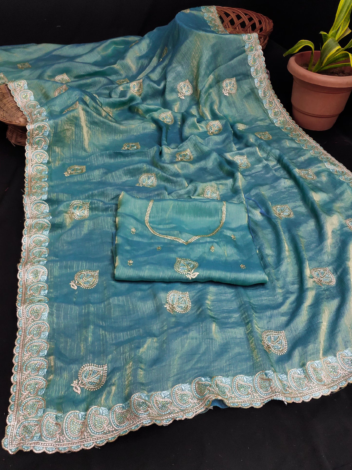 DF-PATNA FENDI CHIFFON SAREE WITH BEAUTIFUL LEAF DESIGN WITH SIROSKI WORK BOLLYWOOD SAREE WITH HEAVY BLOUSE