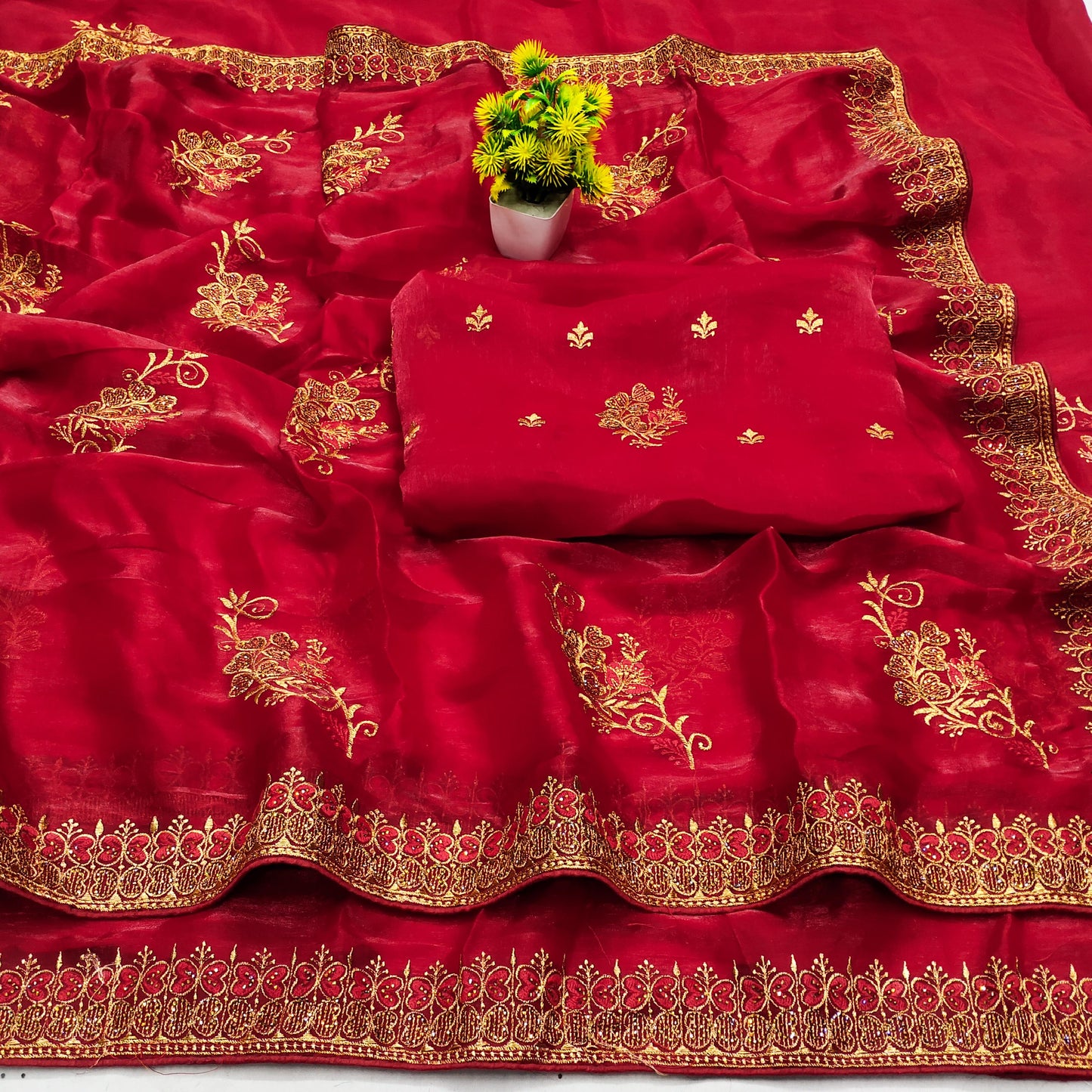DF-APSARA FENDI CHIFFON SAREE WITH THREAD WORK WITH JAREE WORK BEAUTIFUL FLOWER DESIGN