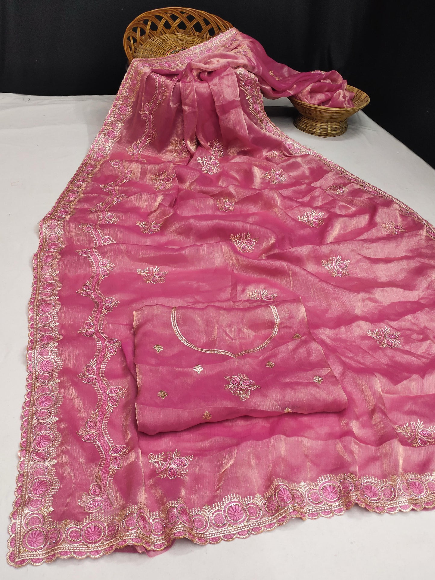 DF-ARACHNA MULMUL CHIFFON SAREE WUTH THREAD WORK AND BEAUTIFUL EMBROIDER WORK WITH HEAVY BLOUSE