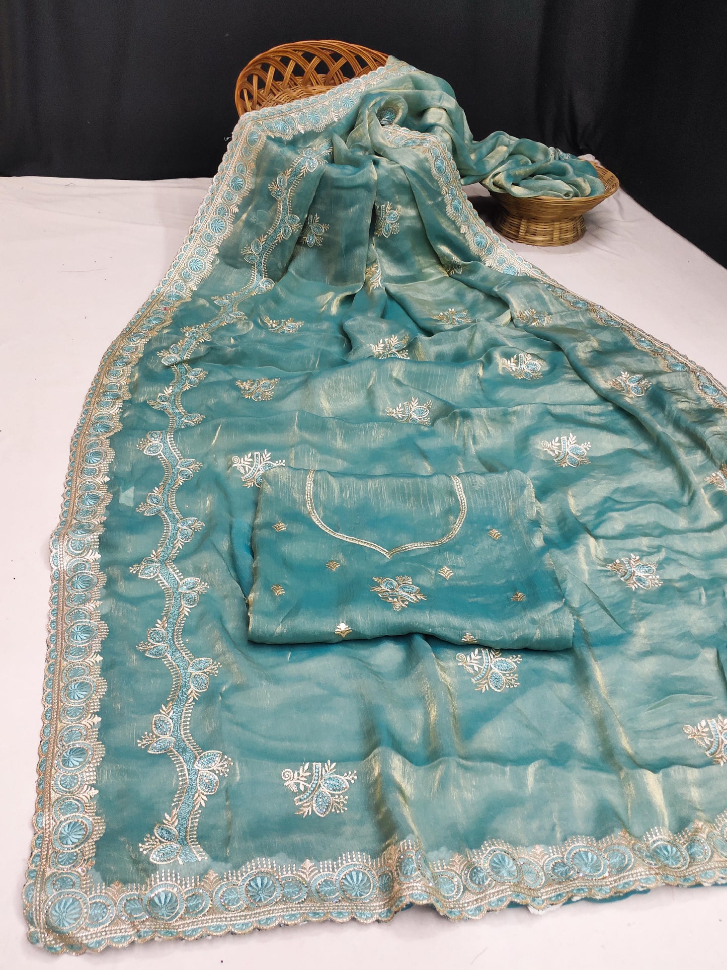 DF-ARACHNA MULMUL CHIFFON SAREE WUTH THREAD WORK AND BEAUTIFUL EMBROIDER WORK WITH HEAVY BLOUSE