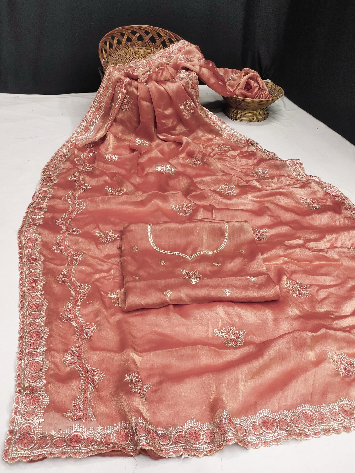 DF-ARACHNA MULMUL CHIFFON SAREE WUTH THREAD WORK AND BEAUTIFUL EMBROIDER WORK WITH HEAVY BLOUSE