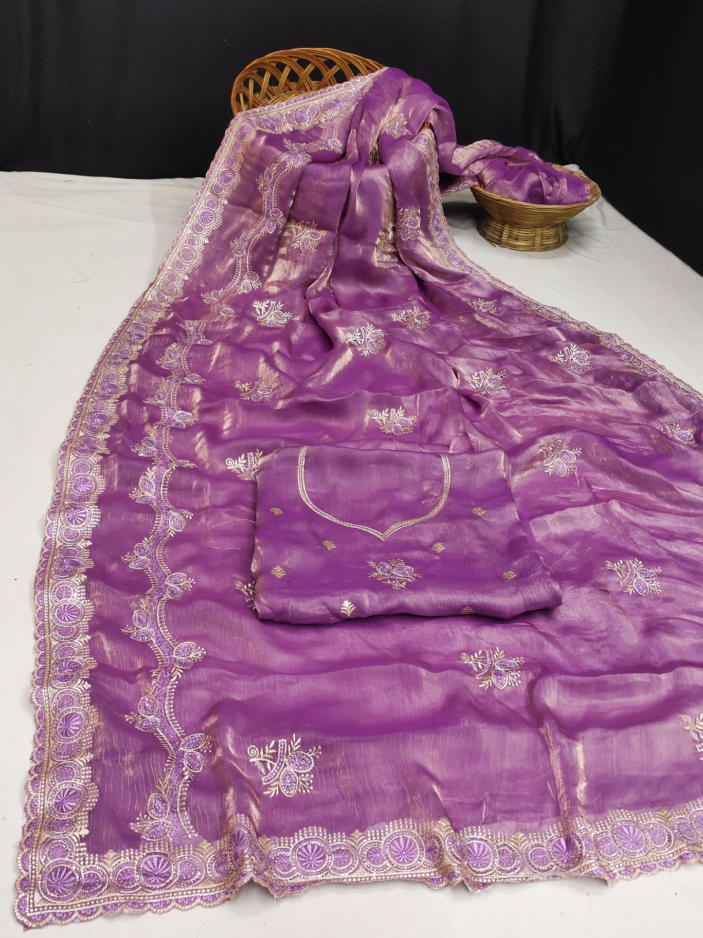 DF-ARACHNA MULMUL CHIFFON SAREE WUTH THREAD WORK AND BEAUTIFUL EMBROIDER WORK WITH HEAVY BLOUSE