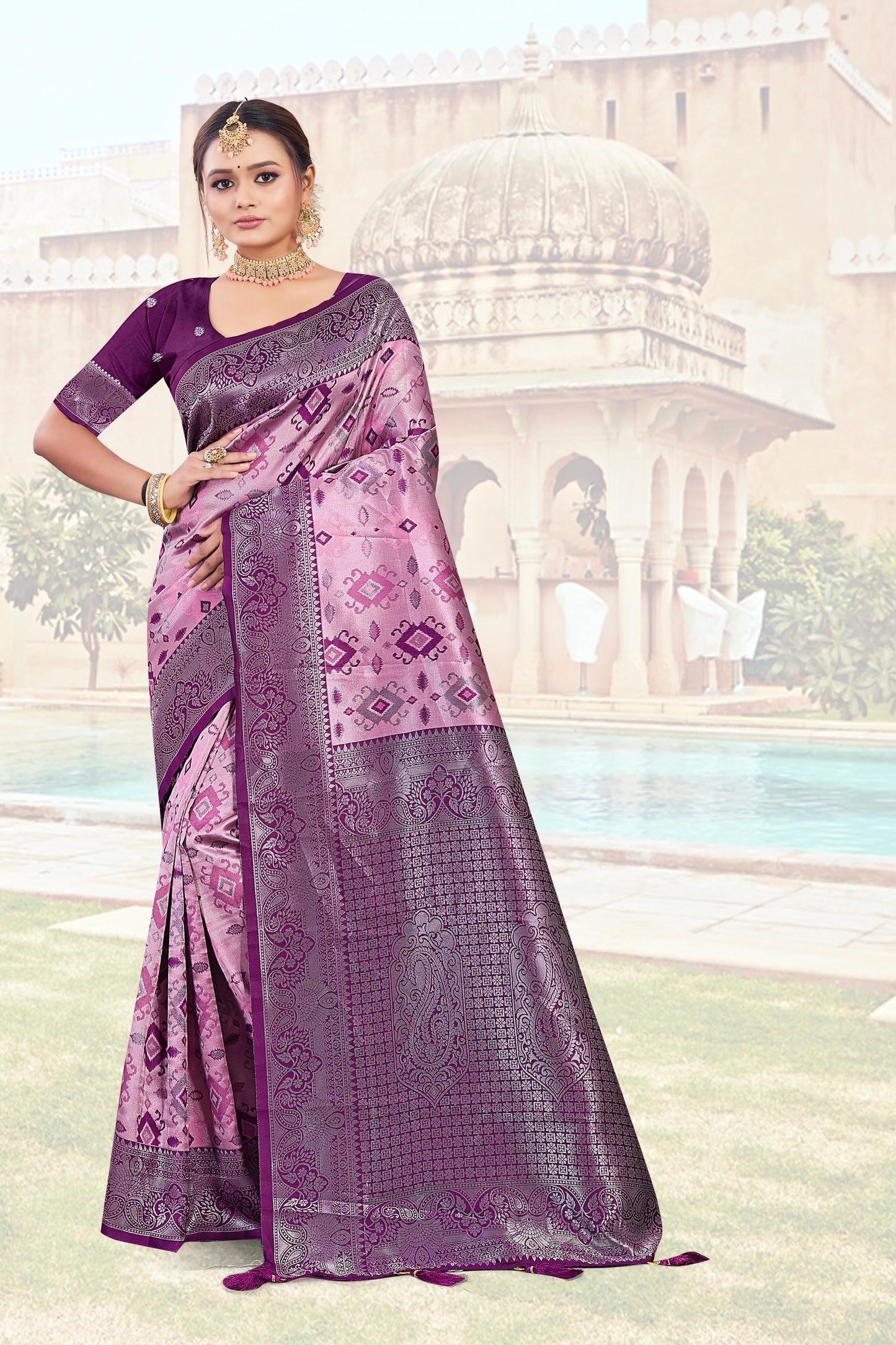 AJ-NIHARIKA PREMIUM SILVER PATTU SAREE WITH BEAUTIFUL BATIK PRINT ON BODY WITH SILVER JAREE BORDER WITH RICH PALLU AND TASSELS ATTACHED ON IT