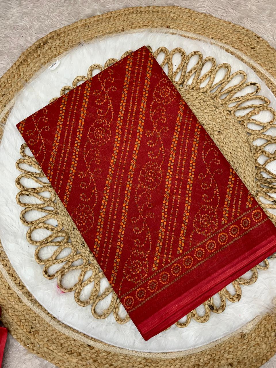 CT-RED GOLD CHUNRI PURE SUTI COTTON SAREE WITH BEAUTIFUL CHUNRI PRINTS