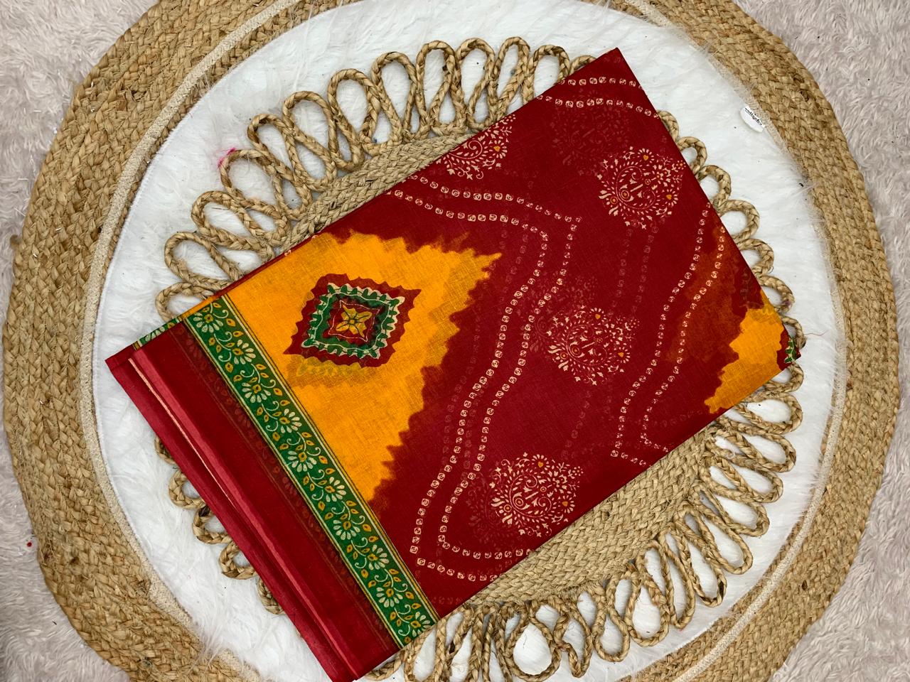 CT-RED GOLD CHUNRI PURE SUTI COTTON SAREE WITH BEAUTIFUL CHUNRI PRINTS