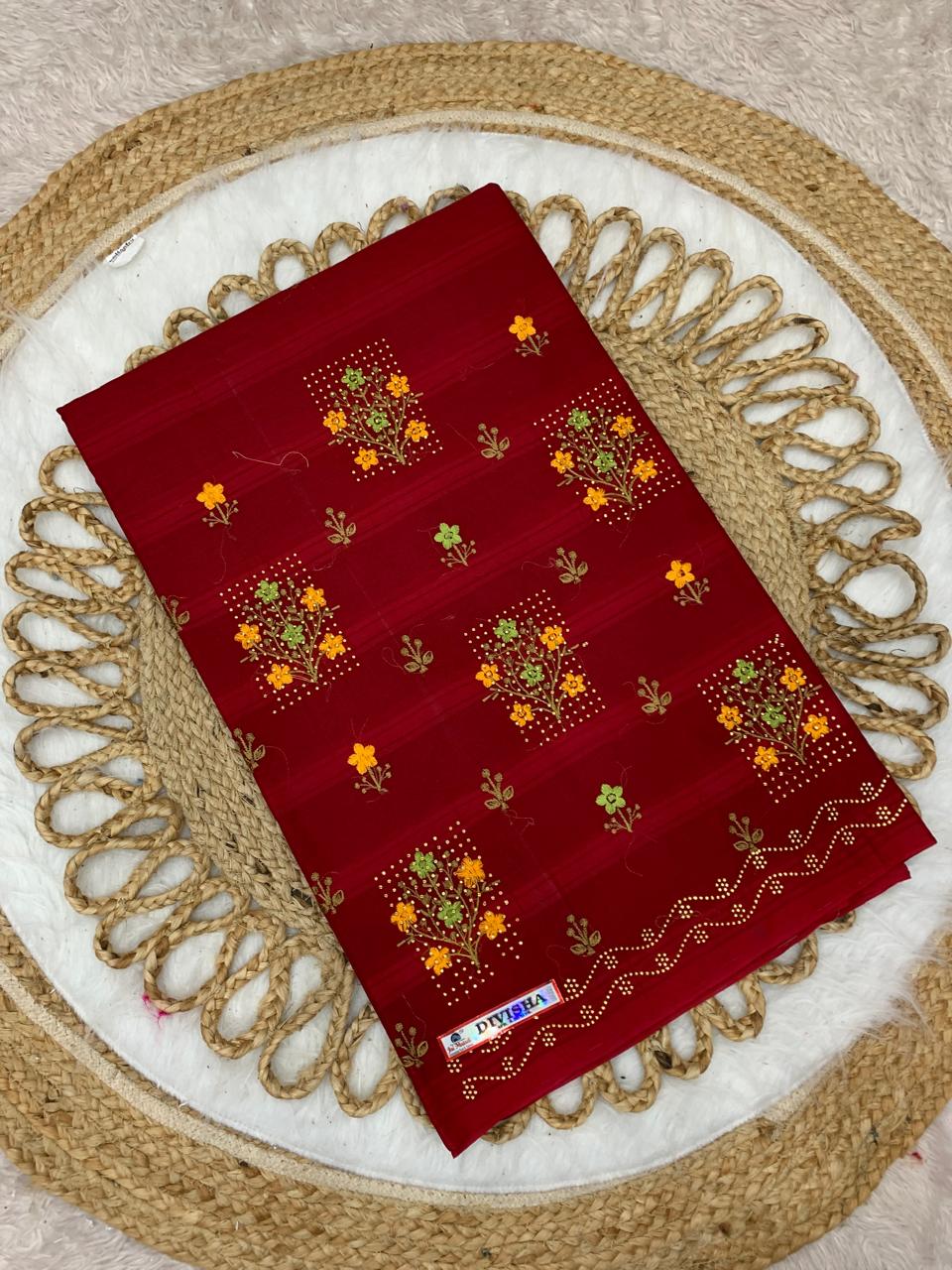 CT-DIVISHA PURE SUTI COTTON SAREE WITH BEAUTIFUL FLOWRER EMBORIDERY WORK WITH SIROSKI WORK ON BUTHA