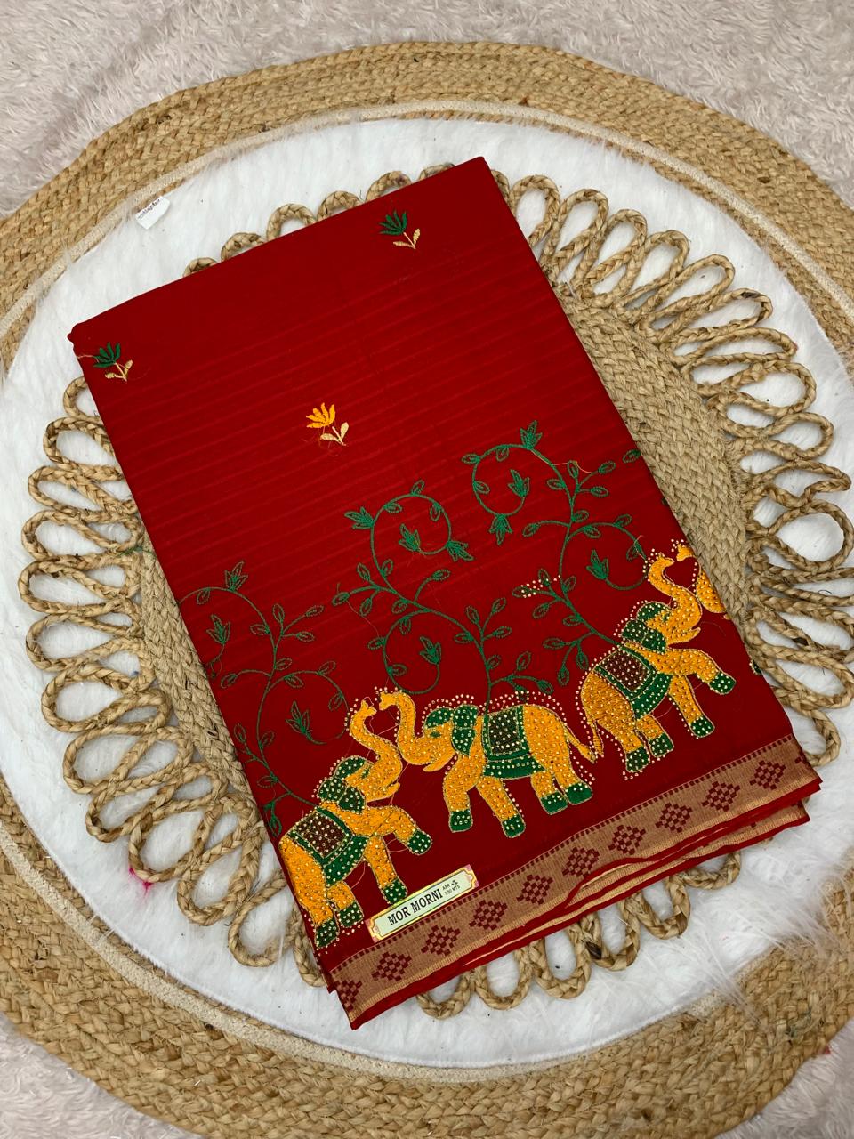 CT-MOR MORNI SUTI COTTON SAREE WITH EMBORIDERY WORK HATHI, CHIDIYA DESIGN