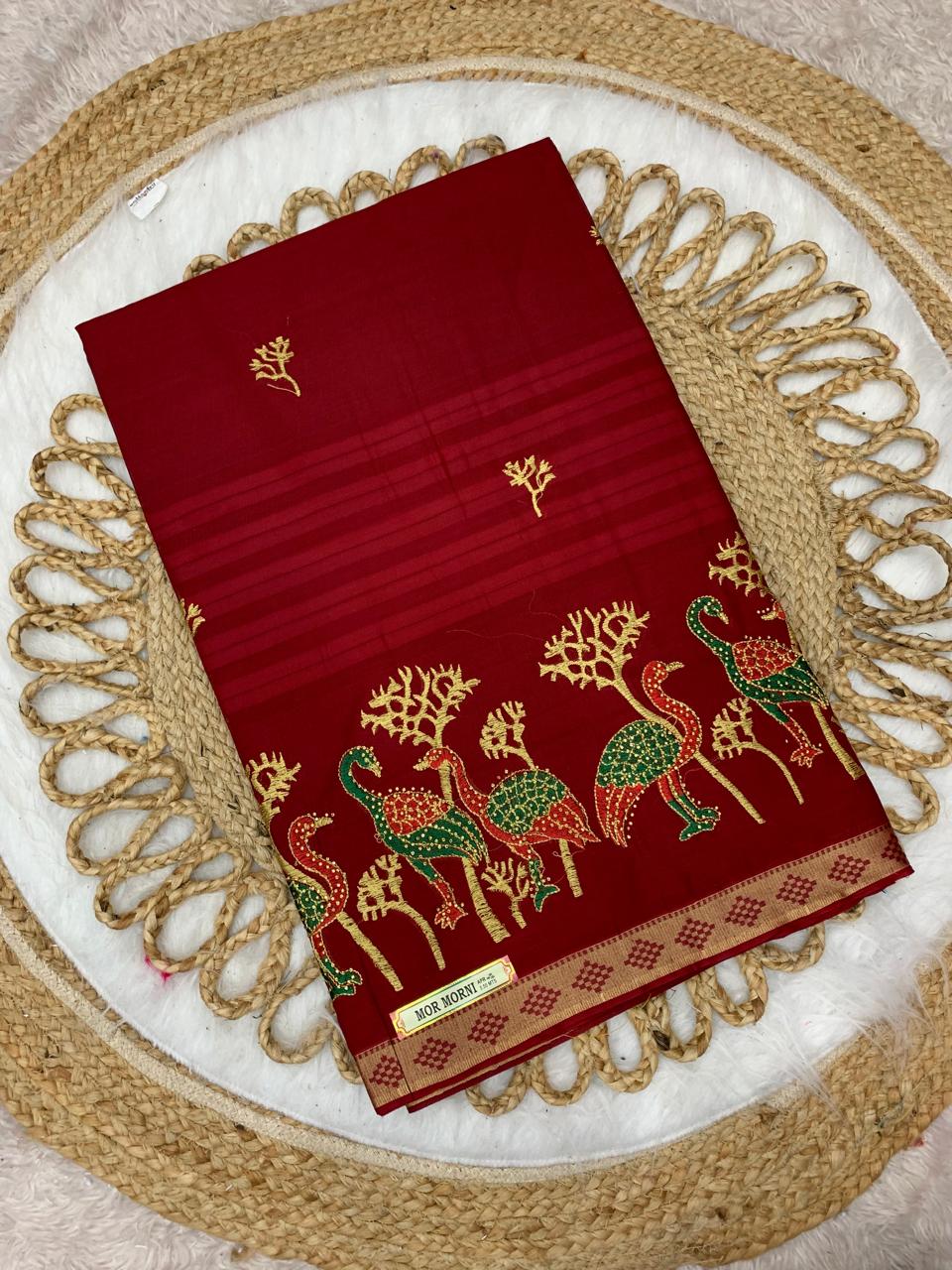 CT-MOR MORNI SUTI COTTON SAREE WITH EMBORIDERY WORK HATHI, CHIDIYA DESIGN