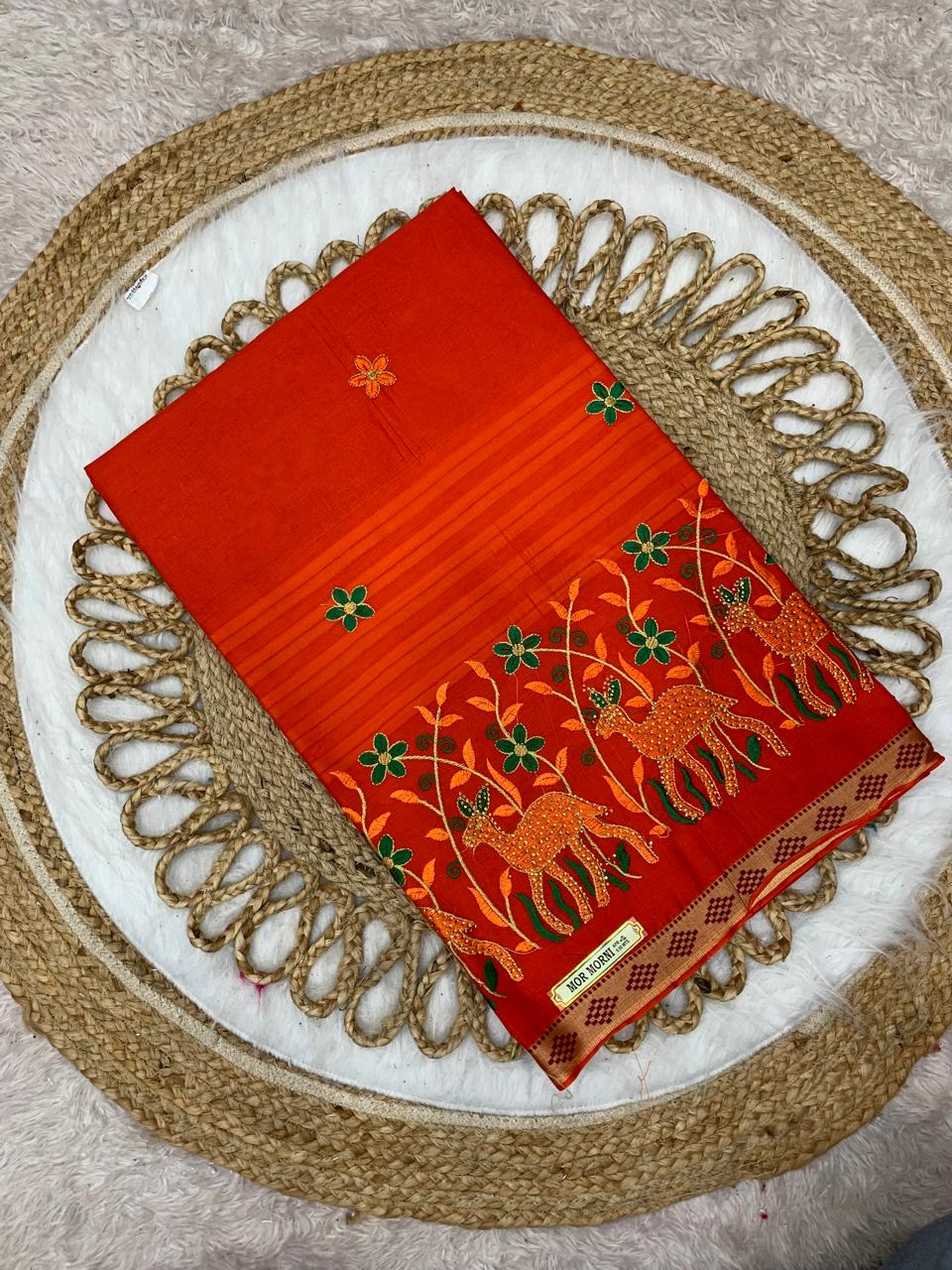 CT-MOR MORNI SUTI COTTON SAREE WITH EMBORIDERY WORK HATHI, CHIDIYA DESIGN