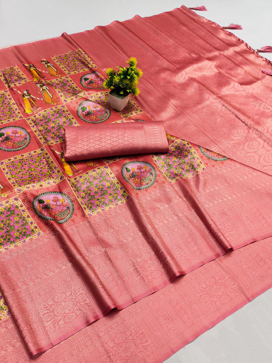 DP-NOOR Premium Softy Silk Saree with Beautiful Rajasthani Digital Print and Tussels attached