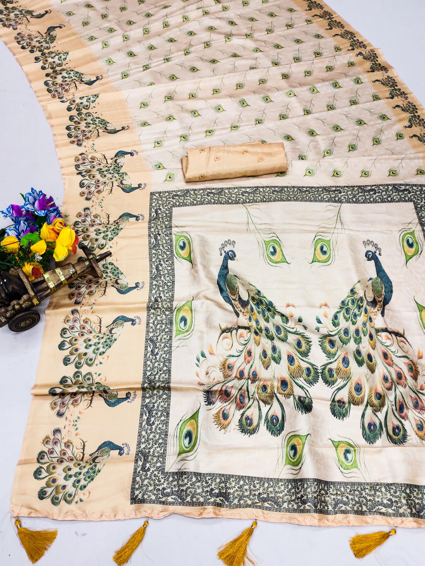 DP-Vrindavan Premium Softy Silk Saree with Beautiful Peacock Digital Print and Tussels attached.