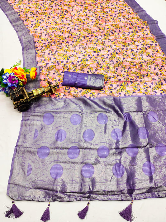 DP-KESARI Premium European Silk Saree with Sequence Lining, Jhaal like Digital Print and Tussels attached