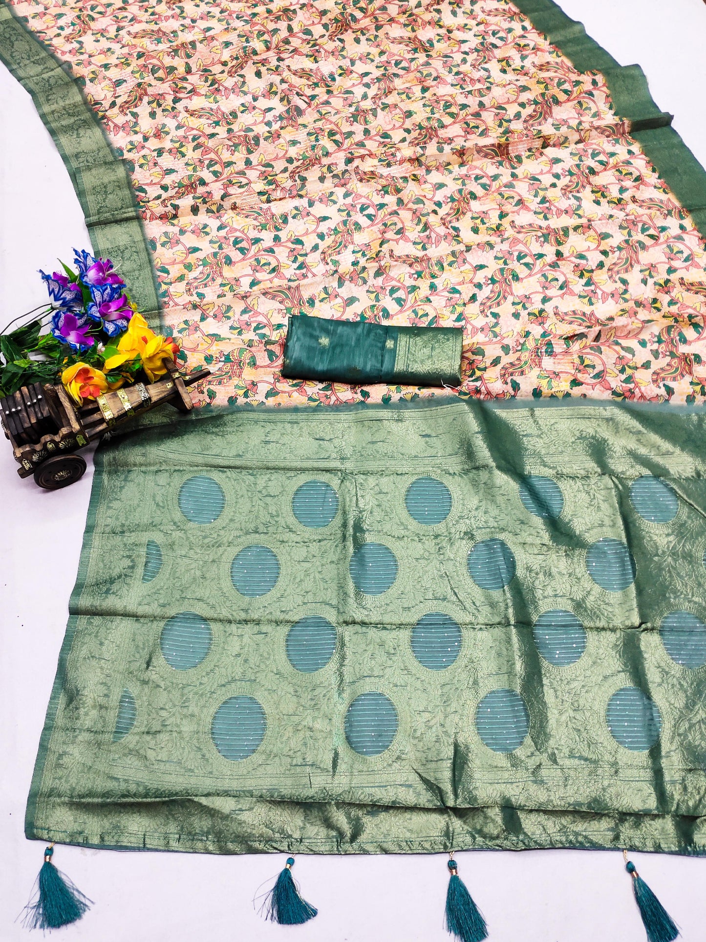 DP-KESARI Premium European Silk Saree with Sequence Lining, Jhaal like Digital Print and Tussels attached