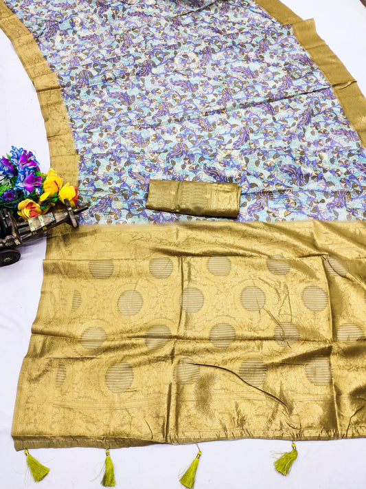 DP-KESARI Premium European Silk Saree with Sequence Lining, Jhaal like Digital Print and Tussels attached