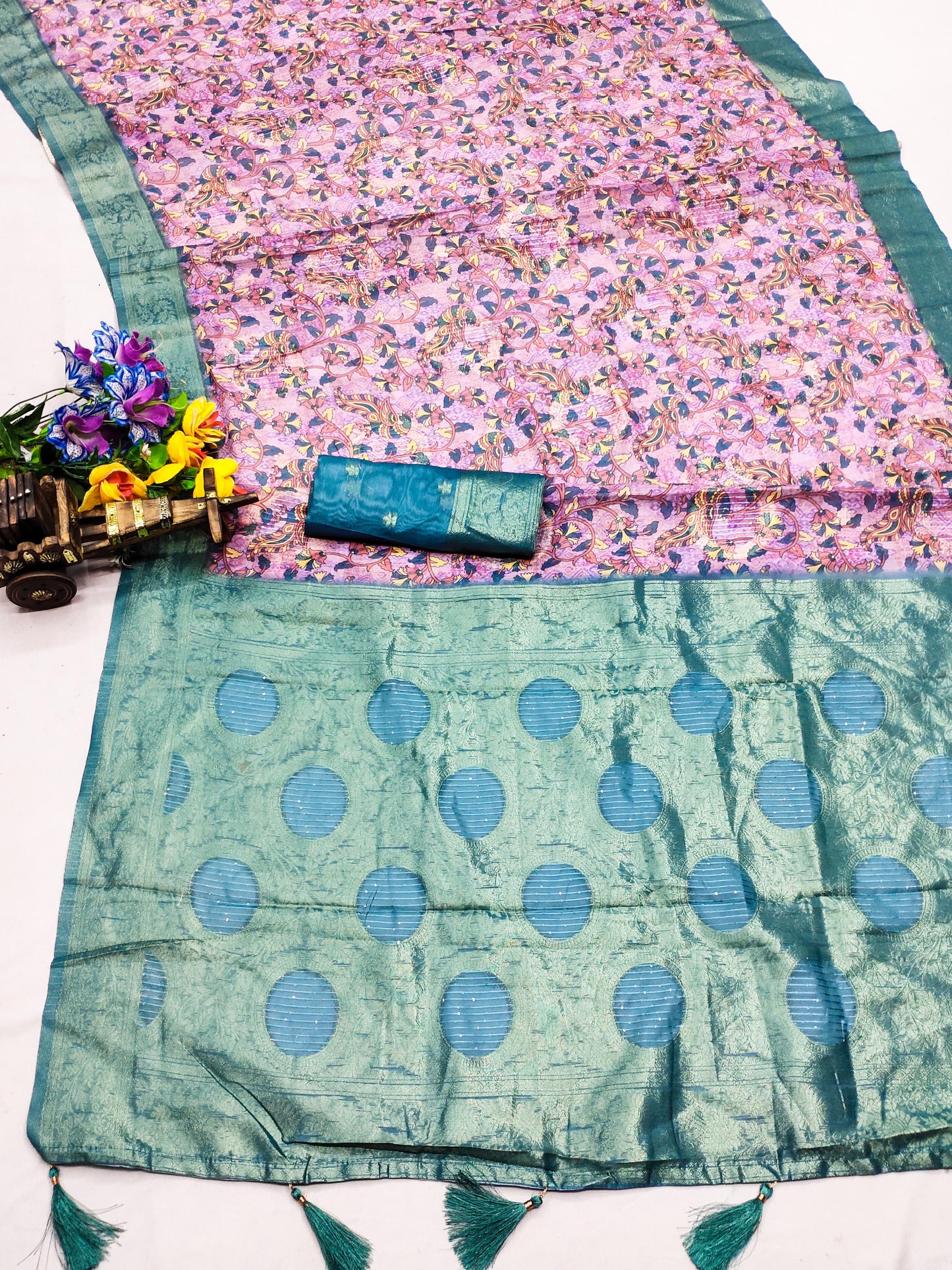 DP-KESARI Premium European Silk Saree with Sequence Lining, Jhaal like Digital Print and Tussels attached