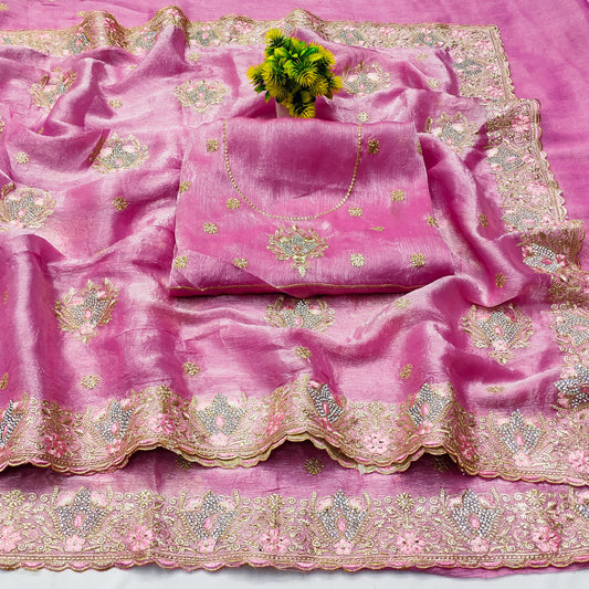 DF-JASMINE CRUSH FENDI CHIFFON SAREE WIHT BEAUTIFUL THREAD WORK WITH JARKAN WORK ALL OVER