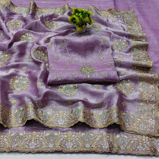 DF-JASMINE CRUSH FENDI CHIFFON SAREE WIHT BEAUTIFUL THREAD WORK WITH JARKAN WORK ALL OVER