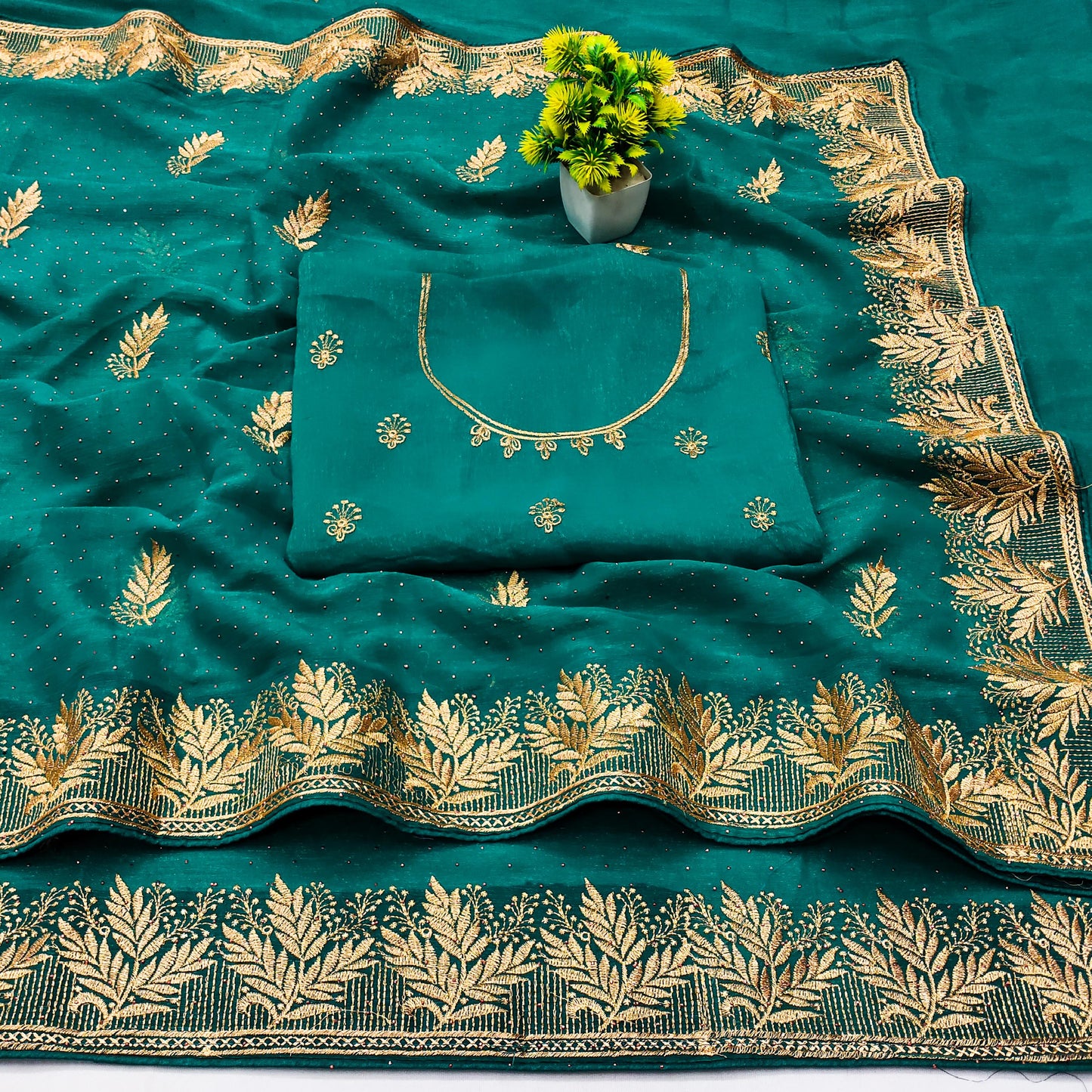 DF-IPL CXC SIMMER WITH BEAUTIFUL EMBORIDERY WORK WITH LEAD FEATHER DESIGN WITH SIROSKI ALL OVER WITH HEAVY BLOUSE