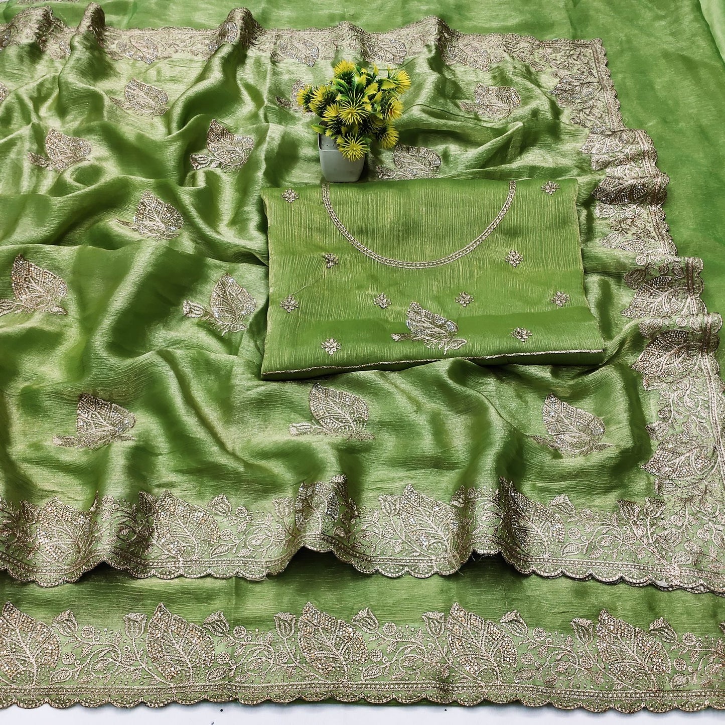 DF-RAJKOT FENDI GOLD TWO TONE COLOUR SAREE WITH BEAUTIFUL WITH HEAVY EMBORIDER WORK LEAF DESIGN WITH HEAVY BLOUSE