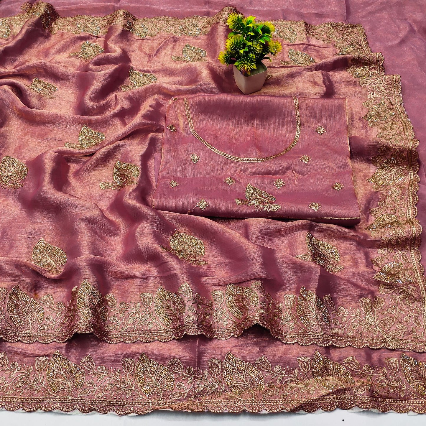 DF-RAJKOT FENDI GOLD TWO TONE COLOUR SAREE WITH BEAUTIFUL WITH HEAVY EMBORIDER WORK LEAF DESIGN WITH HEAVY BLOUSE