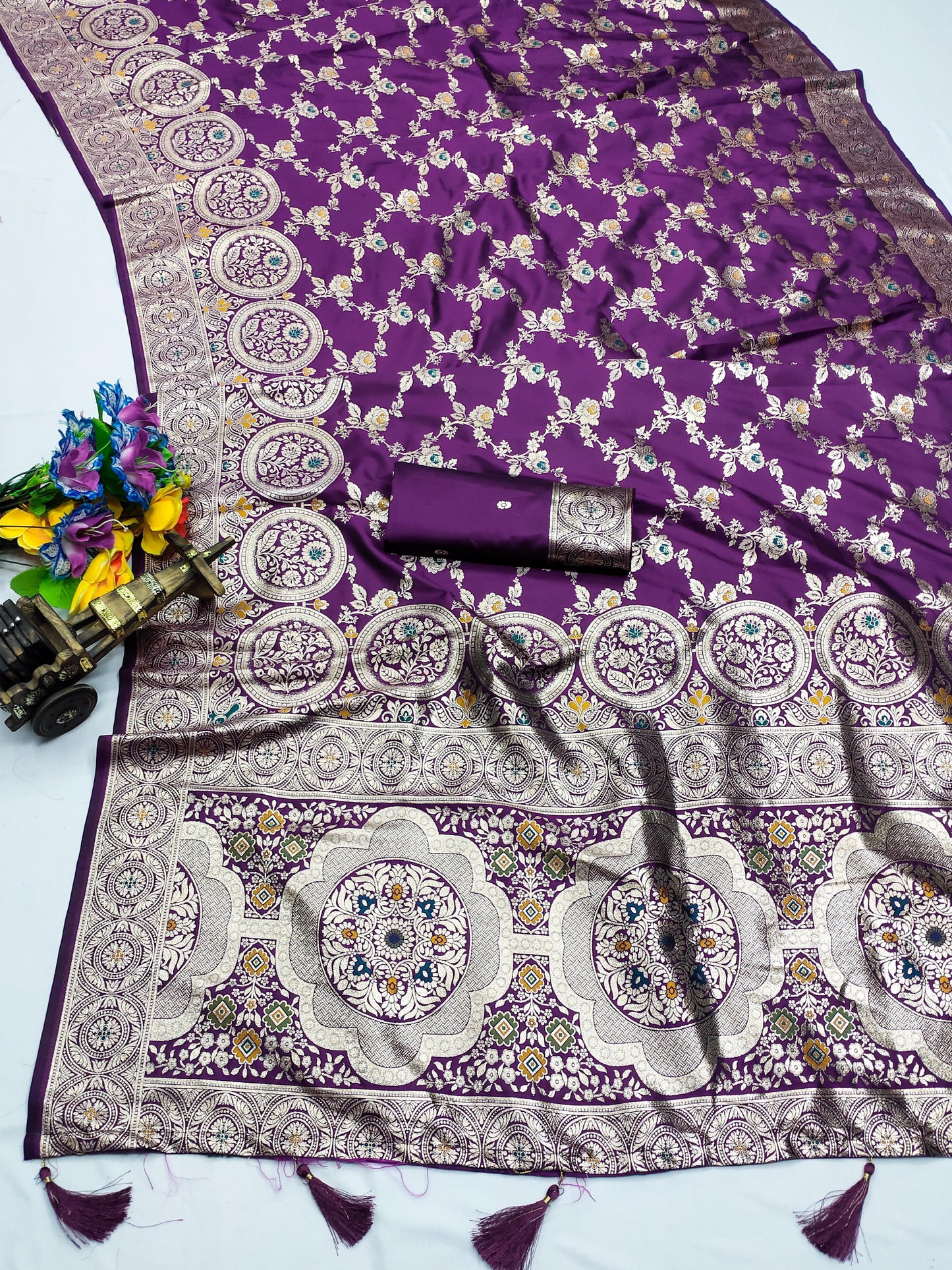 AJ-SARASWATI SOFT SILK SAREE WITH HEAVY PALLU WITH PATLI WORK AND MEENAKARI WORK WITH BANRASI DESIGN WEAVING WITH TASSELS ON PALLU