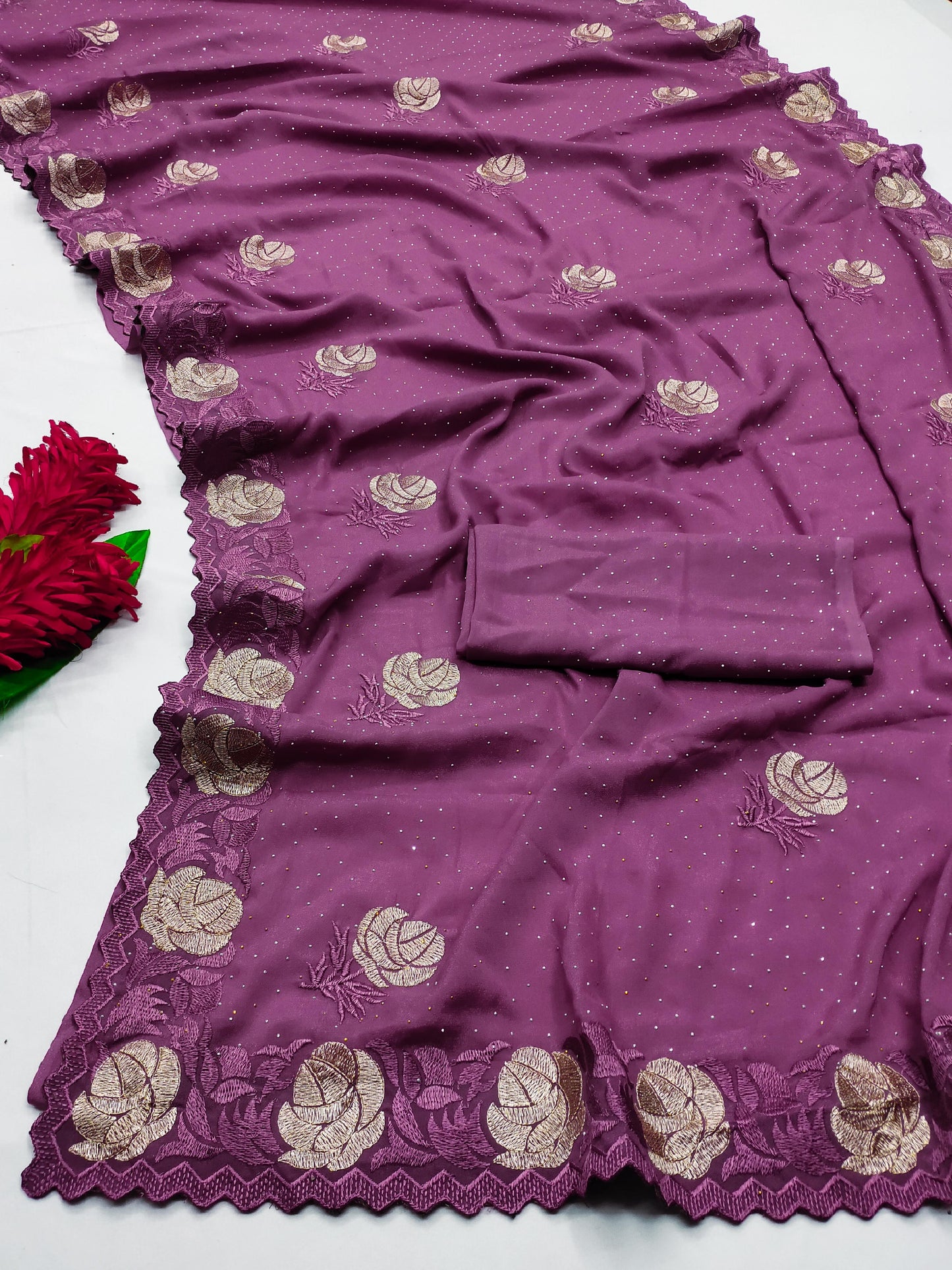 DF-Rachna PREMIUM CHOCLATE SAREE WITH BEATIFUL THREAD WORK DESIGNER PIECE WITH SIROSKI ALL OVER
