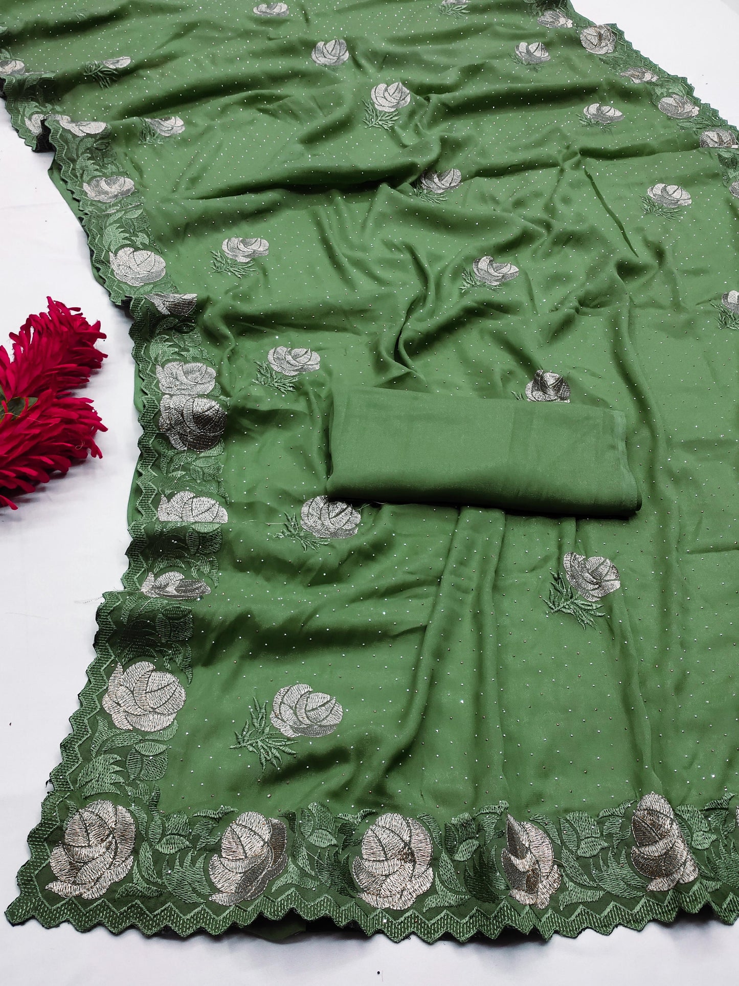 DF-Rachna PREMIUM CHOCLATE SAREE WITH BEATIFUL THREAD WORK DESIGNER PIECE WITH SIROSKI ALL OVER