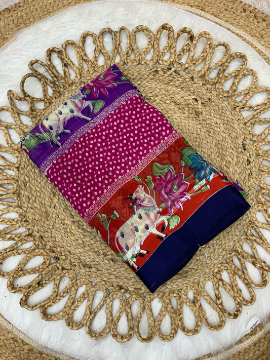 CP-7070 SATIN MOSS SAREE WITH COW AND KALAMKARI DESIGN WITH MOSS PATTA SOFT FEEL SAREE