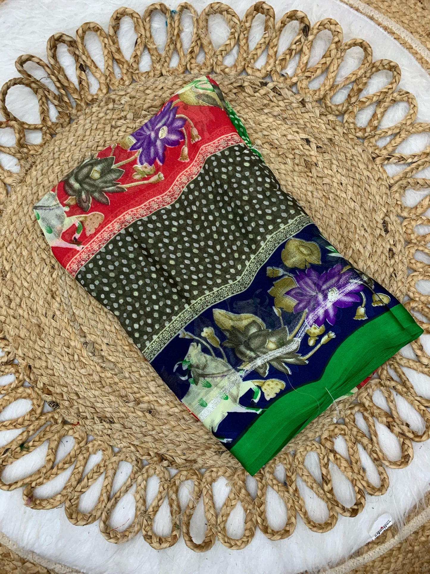 CP-7070 SATIN MOSS SAREE WITH COW AND KALAMKARI DESIGN WITH MOSS PATTA SOFT FEEL SAREE